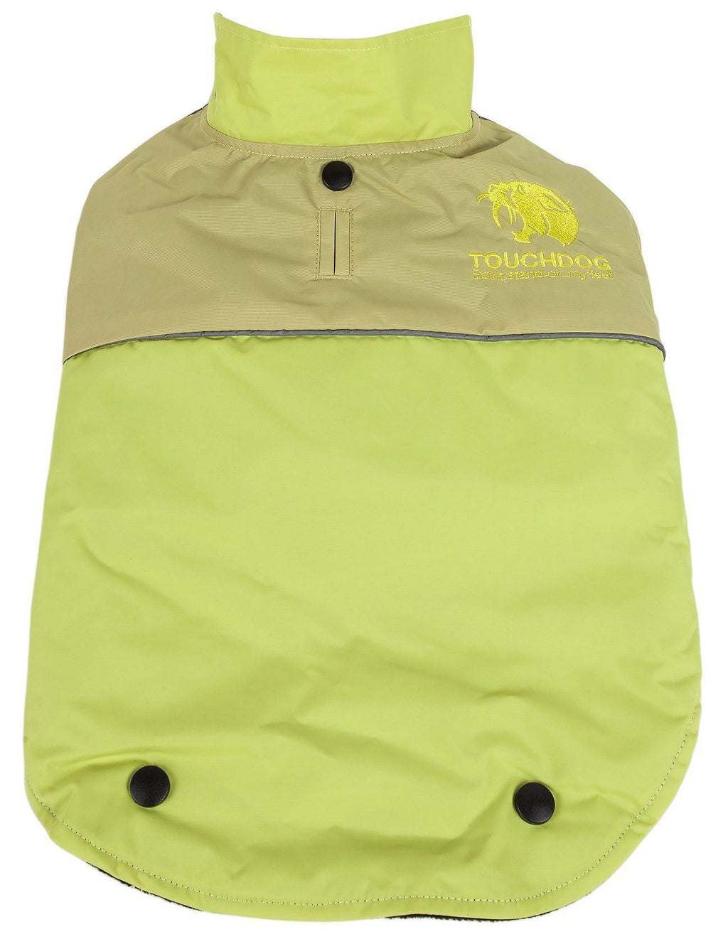 Light green waterproof dog jacket with raised collar and chest logo
