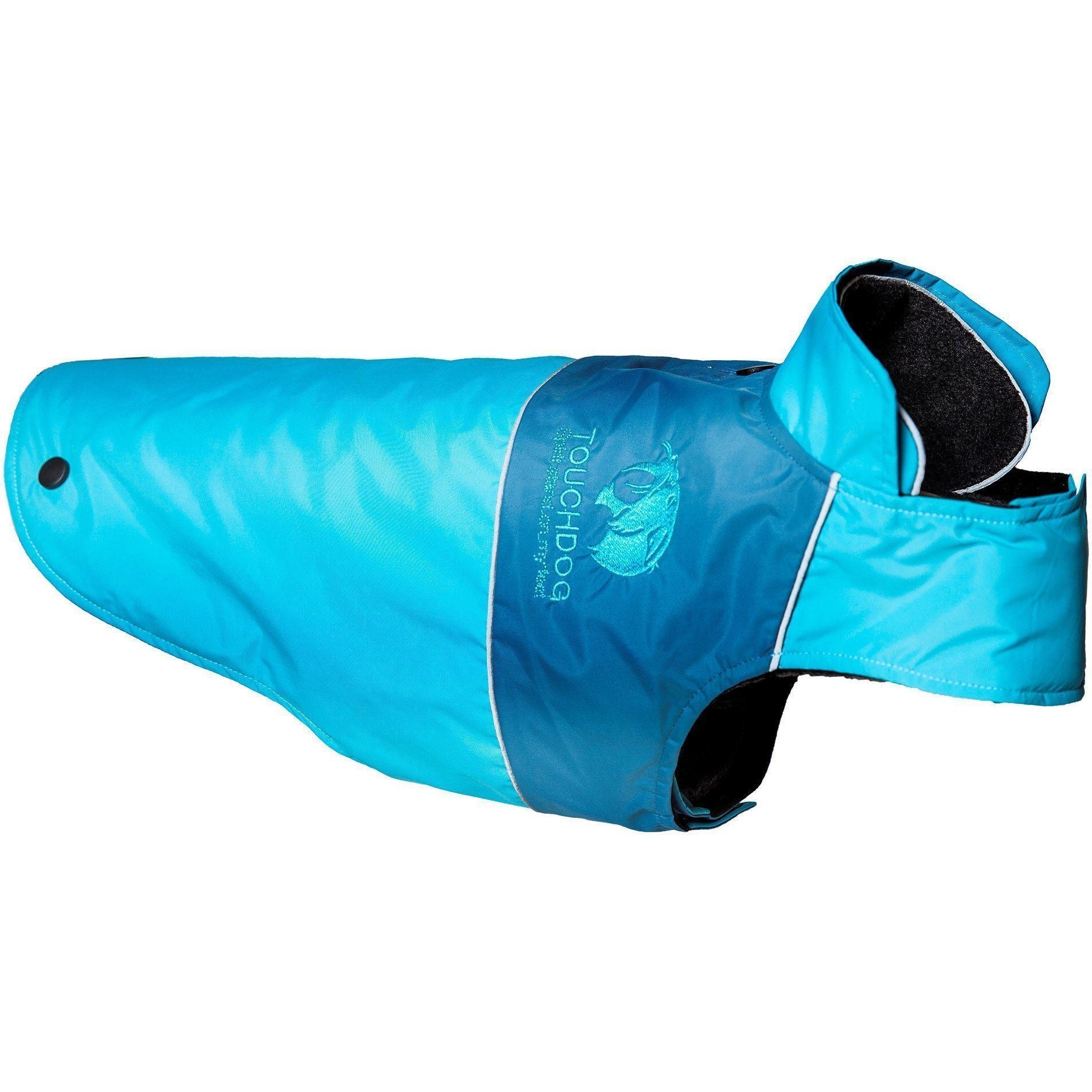 Turquoise waterproof dog jacket with black inner hood and layered design