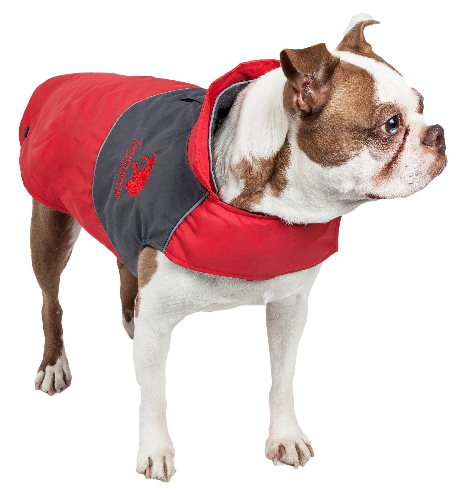 Red waterproof dog jacket with dark gray side panel and hood opening for face