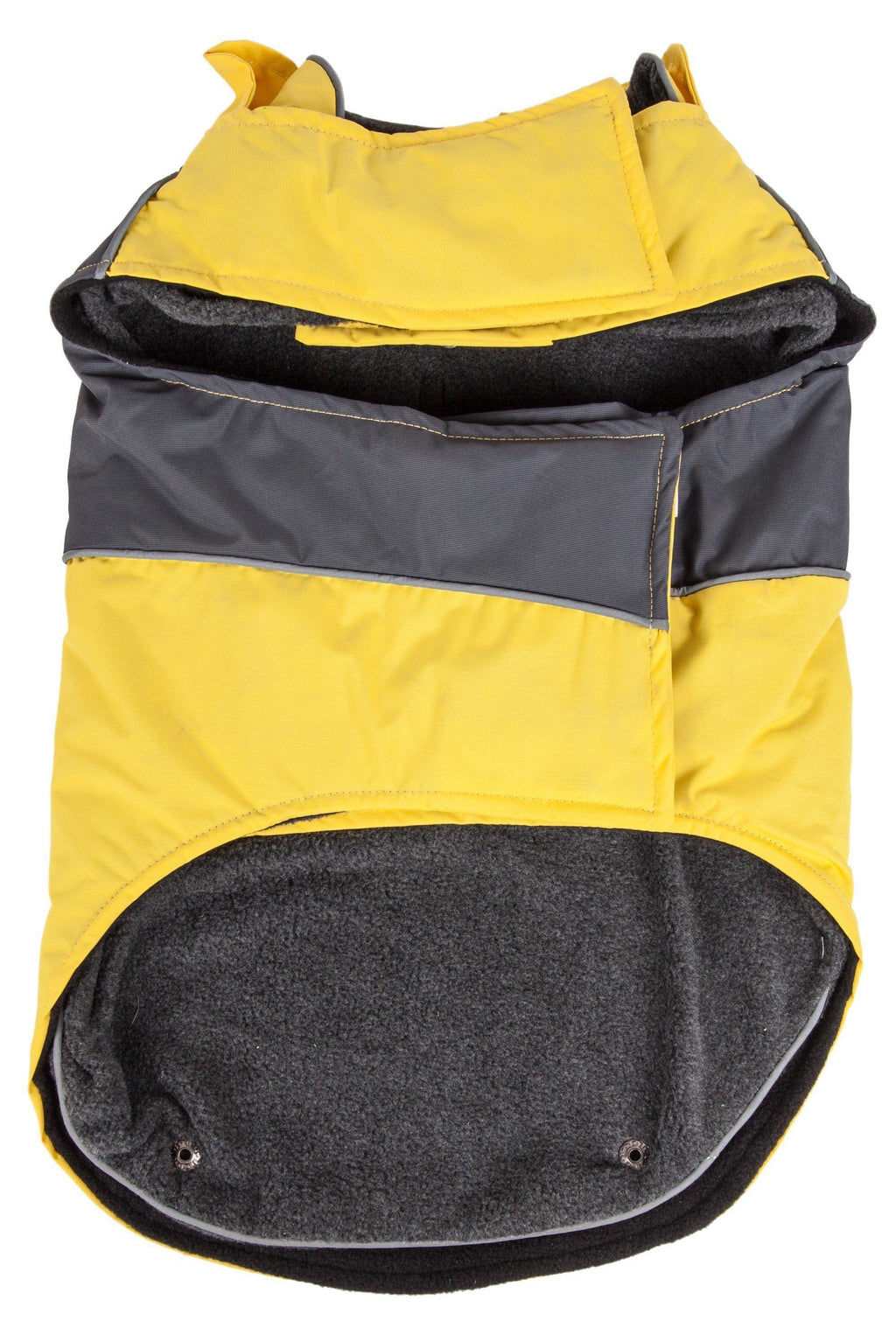 Yellow and dark charcoal waterproof dog jacket with fleece-lined interior panel