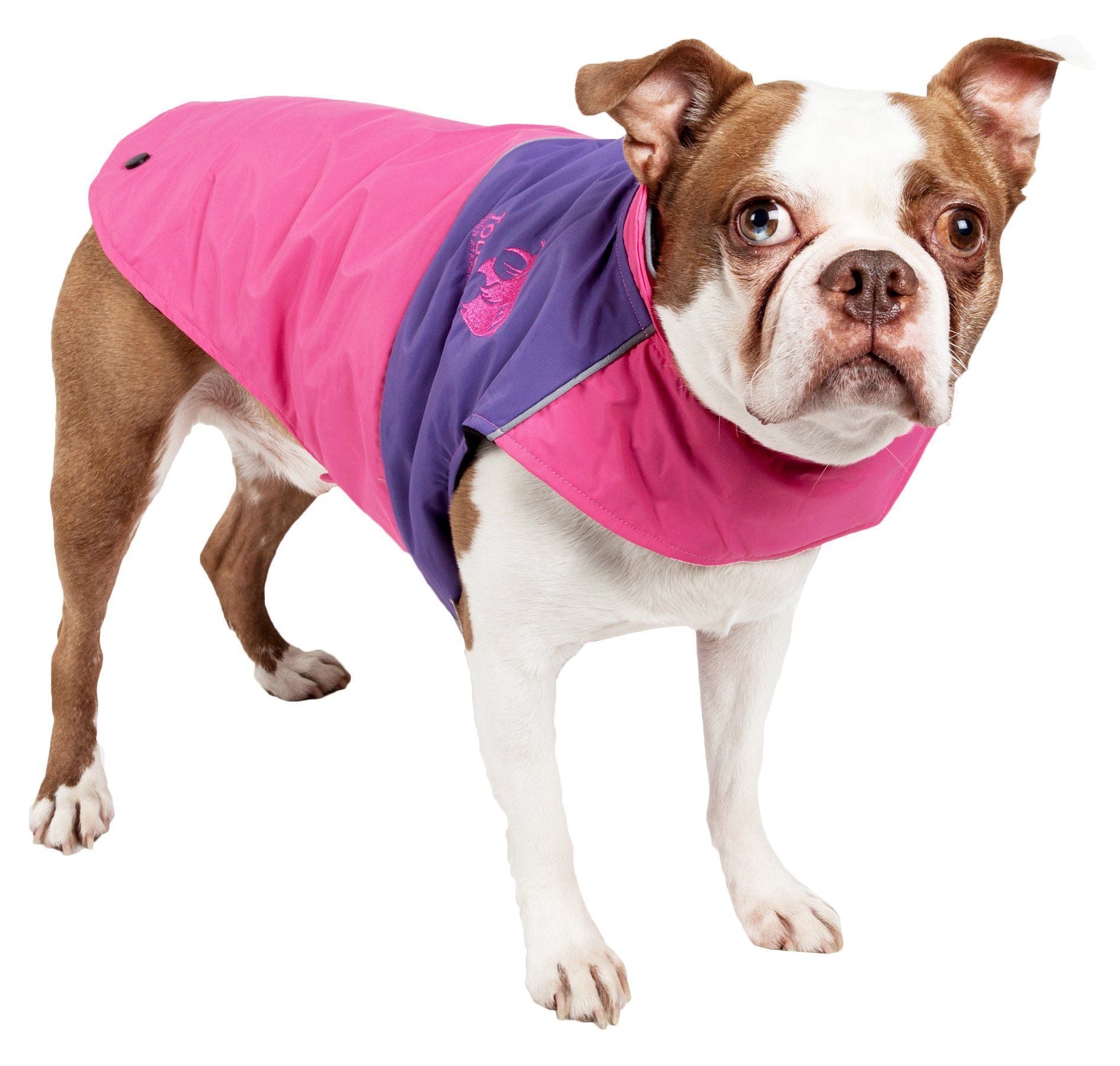 Pink and purple waterproof dog jacket with hood opening and contrast trim