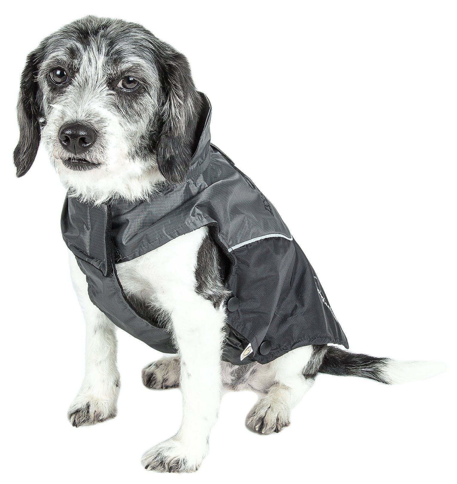 Dark gray waterproof dog jacket with raised collar and front toggle closure