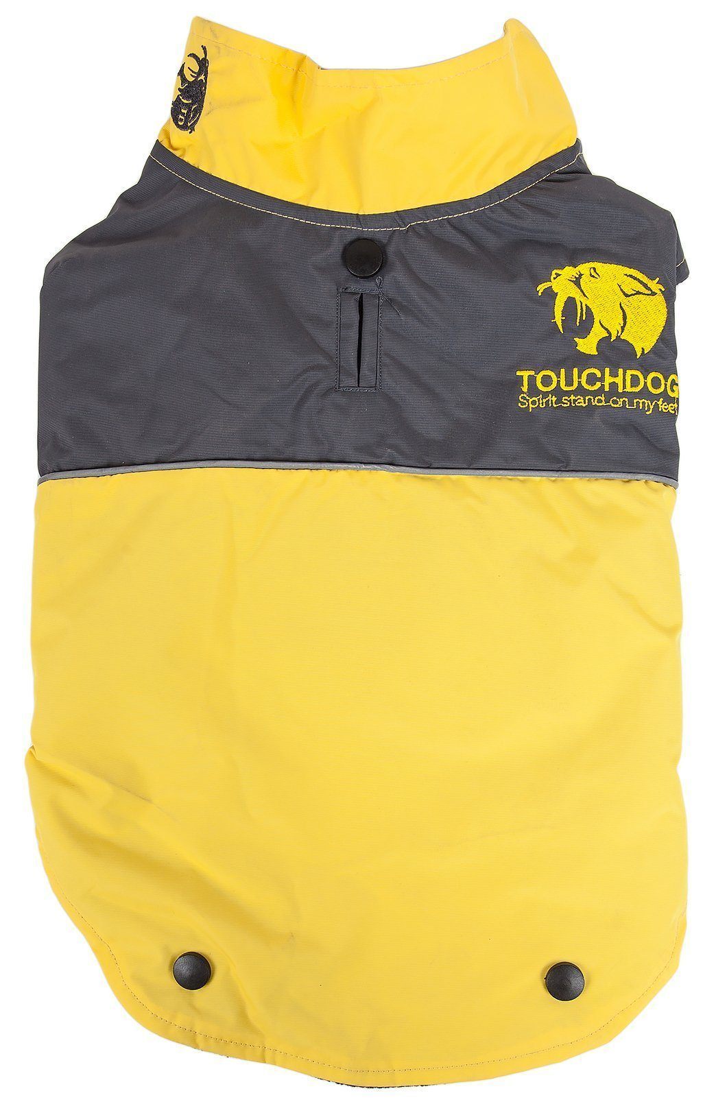 Two-tone waterproof dog jacket, yellow and dark charcoal with snap button chest logo