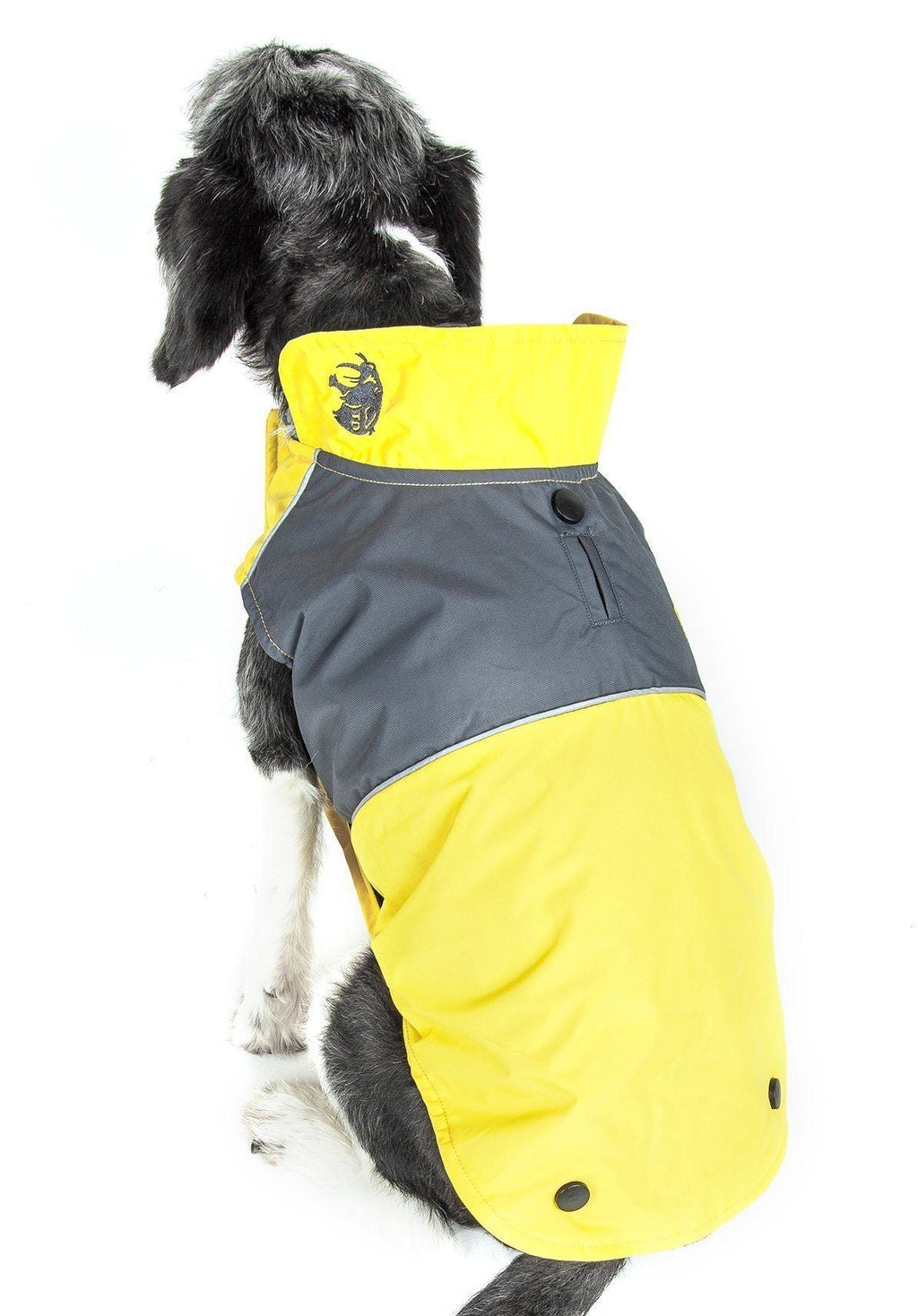 Yellow and dark charcoal waterproof dog jacket with chest logo and snap front