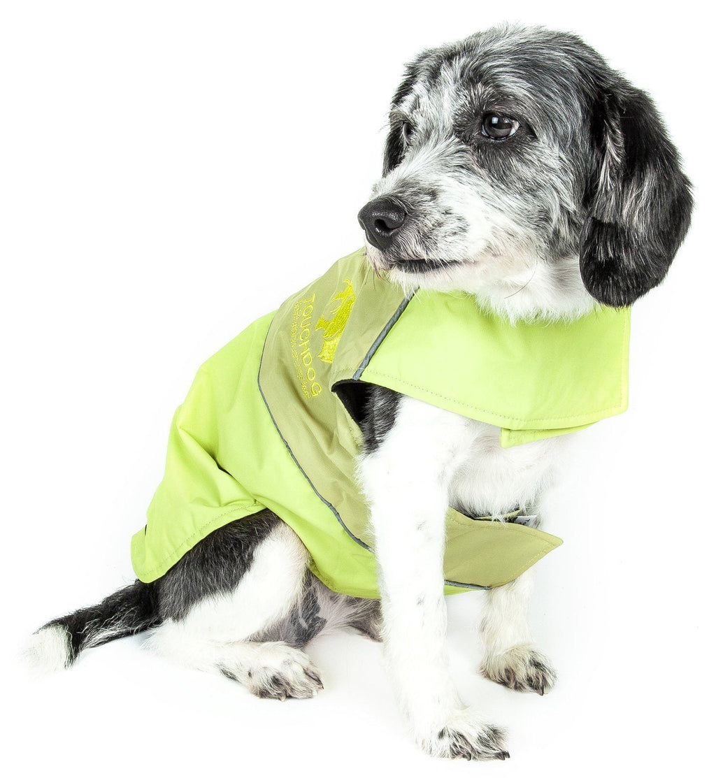 Neon lime waterproof dog jacket with black hood lining and layered collar