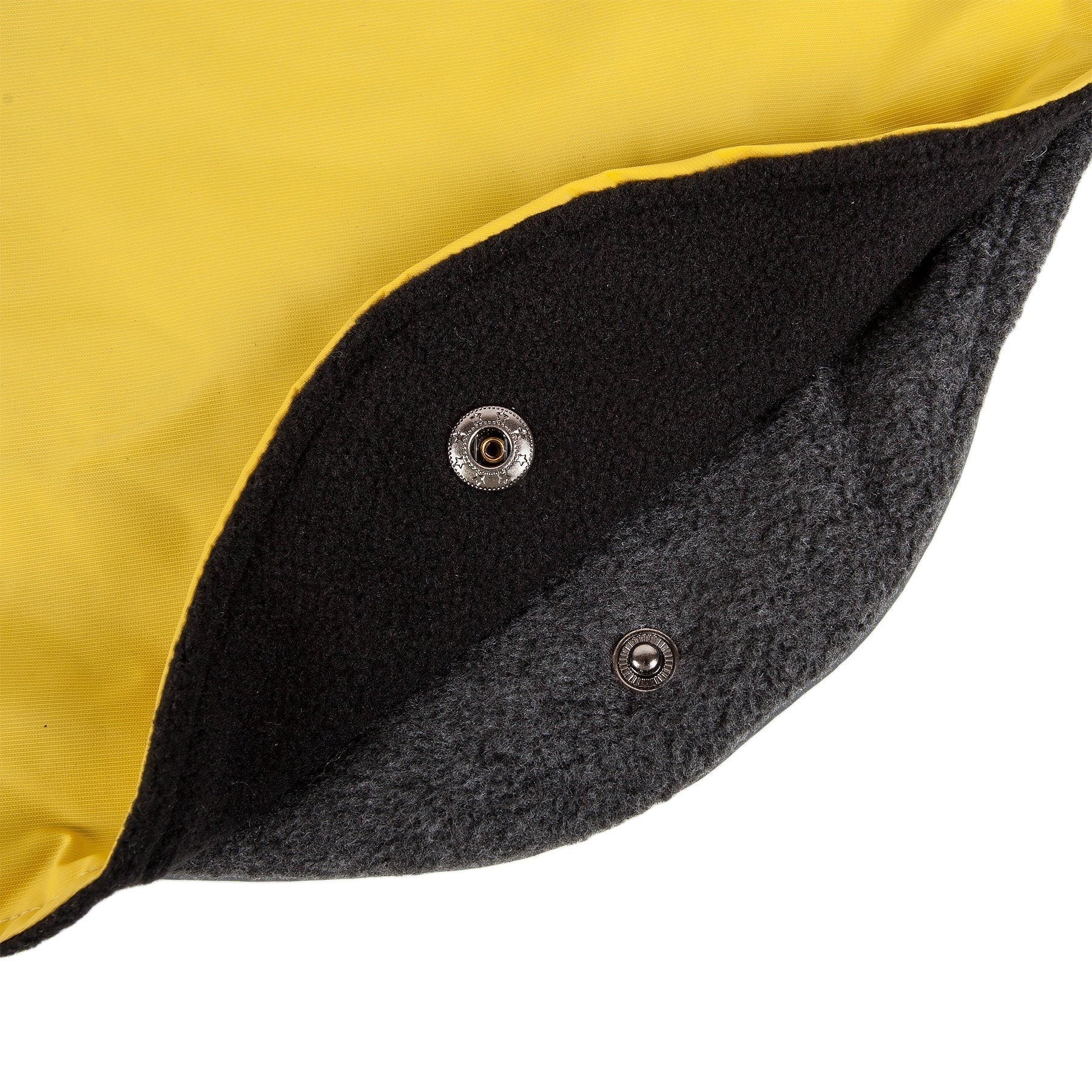 Charcoal gray felt inner layer with snap buttons for removable dog jacket