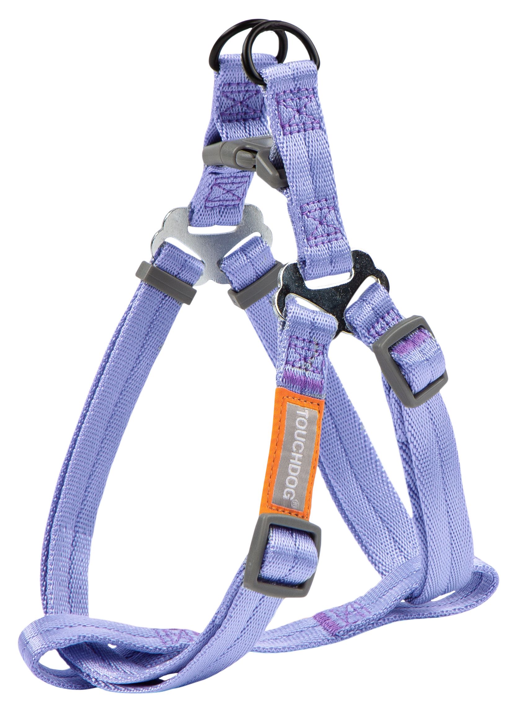 Lavender dog harness set with adjustable straps and leash attachment clips