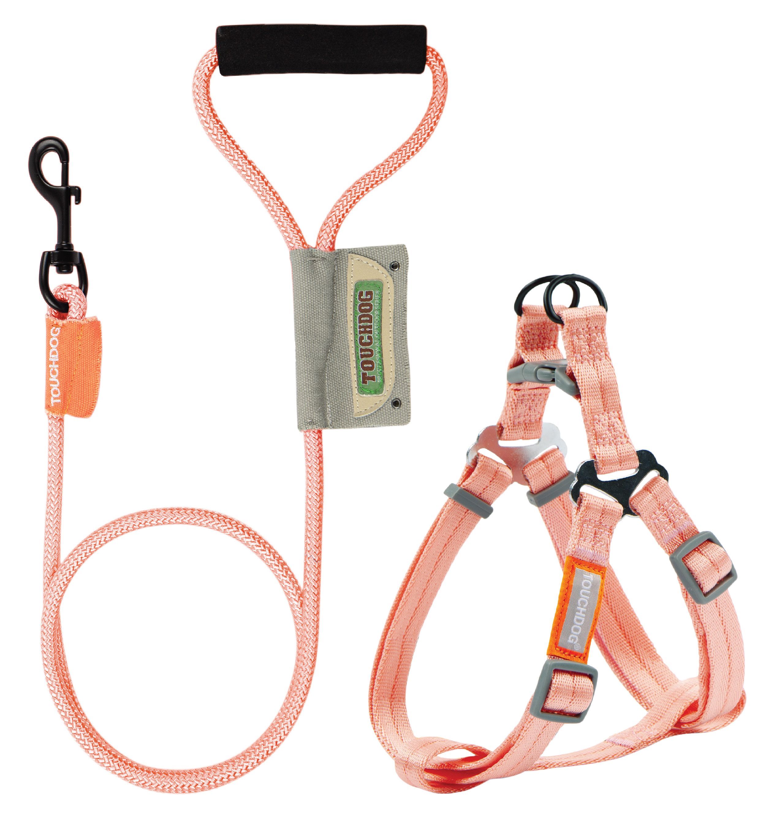 Coral/pink dog harness with matching leash and black leash handle attachment