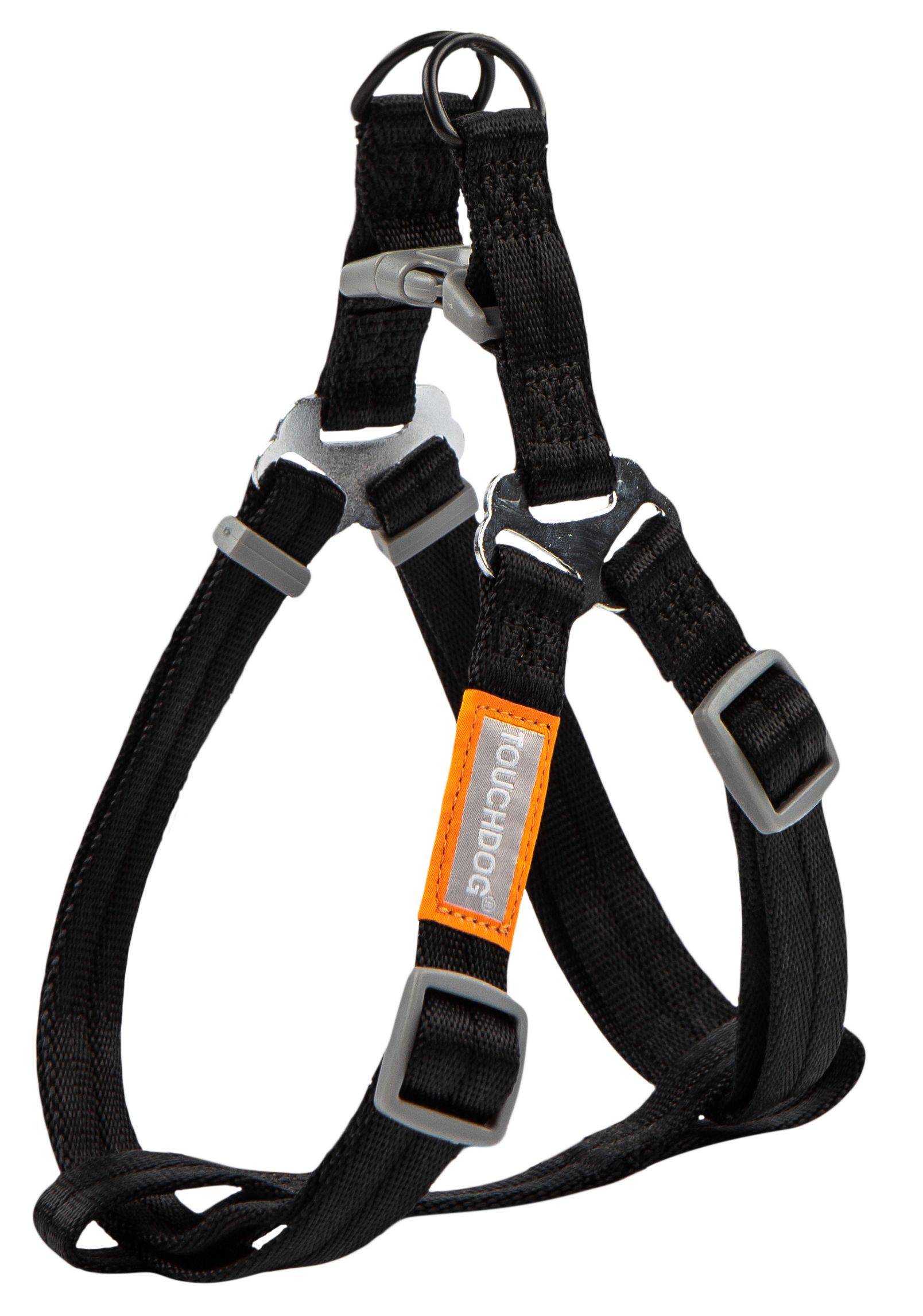 Black nylon 2-in-1 dog harness with attached leash straps and metal buckles