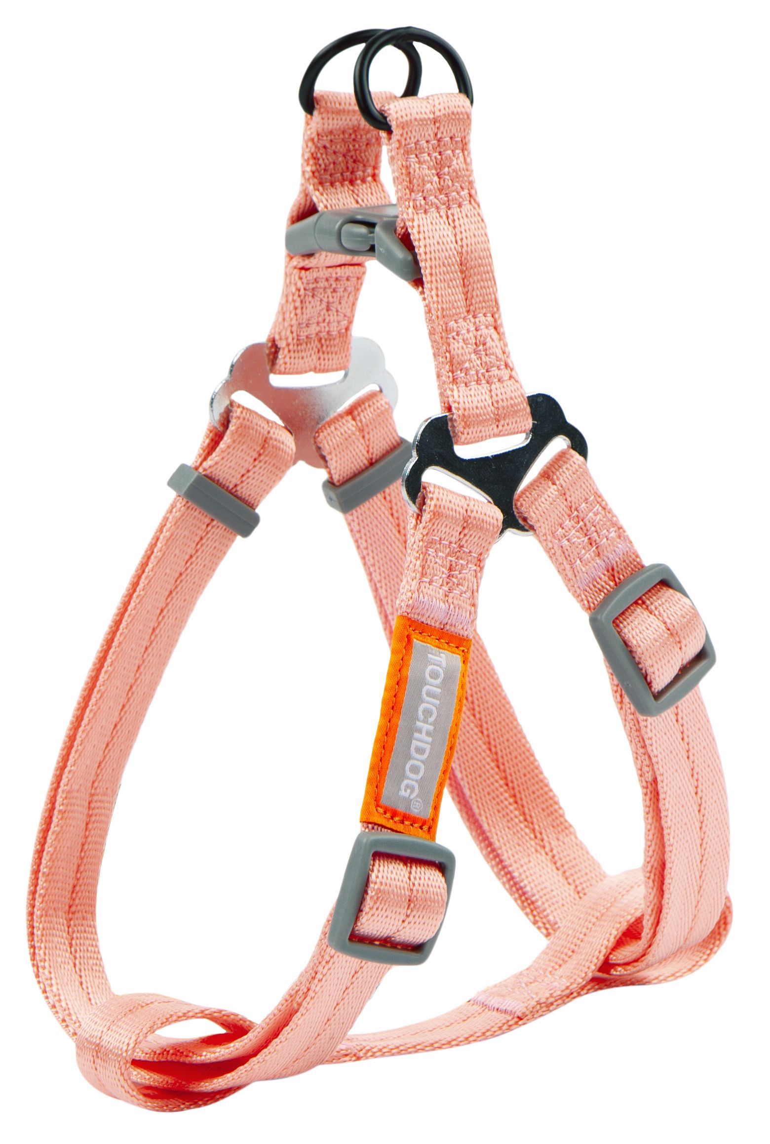 Coral dog harness with multiple adjustable straps and leash clip attachment