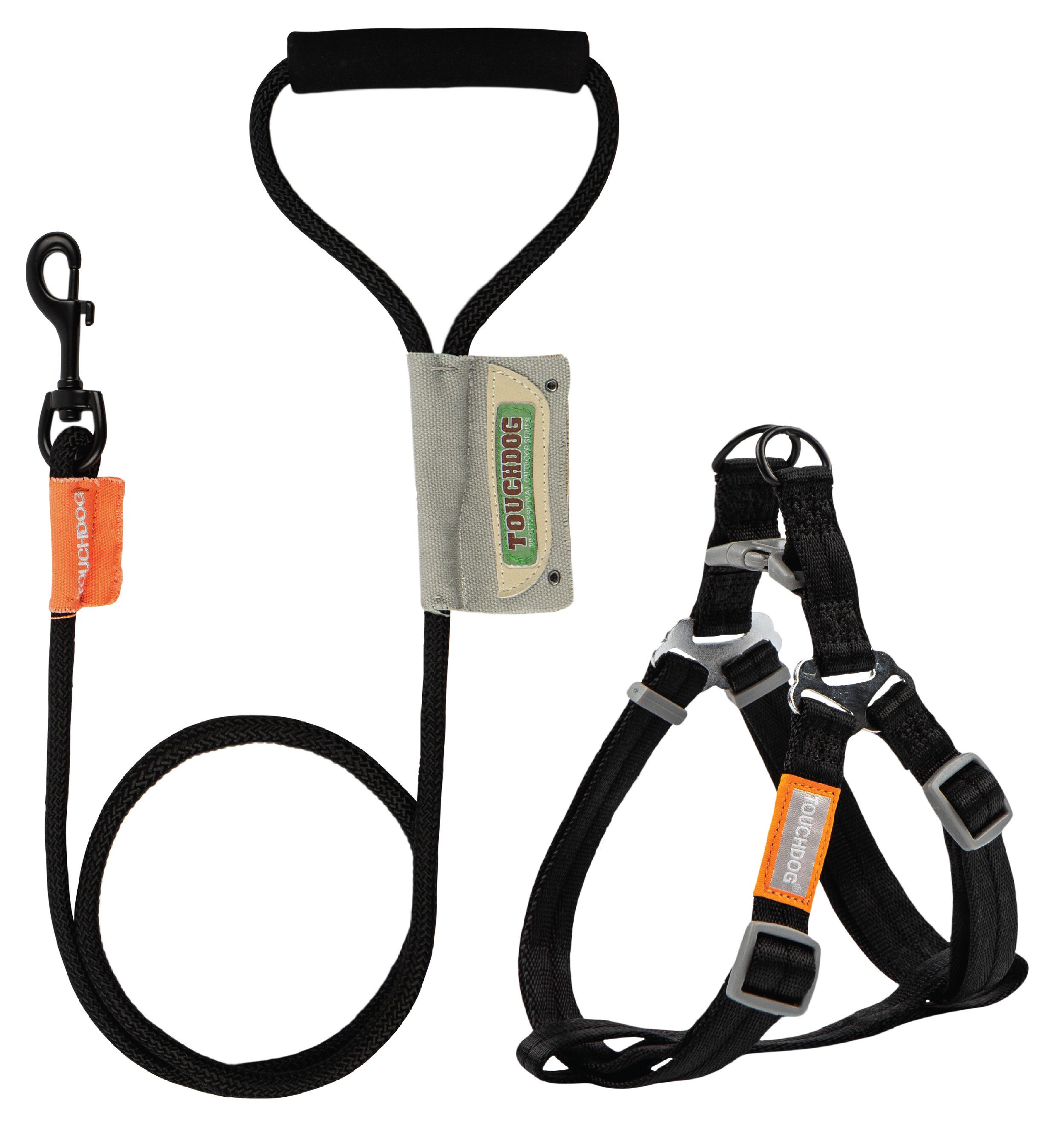 Black dog harness set with orange label and matching leash with black handle clip