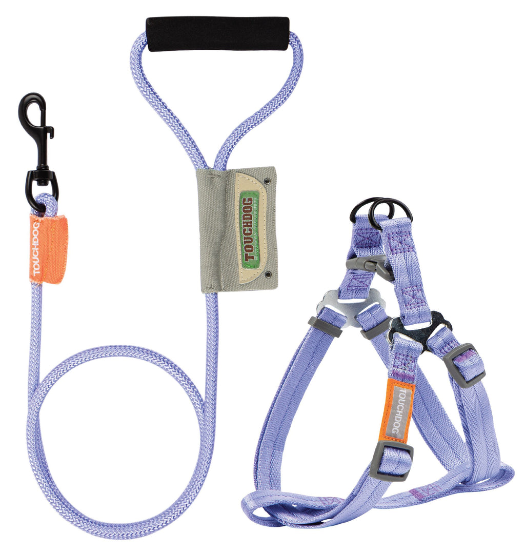 Purple 2-in-1 dog harness with matching leash and orange Touchdog clip holder