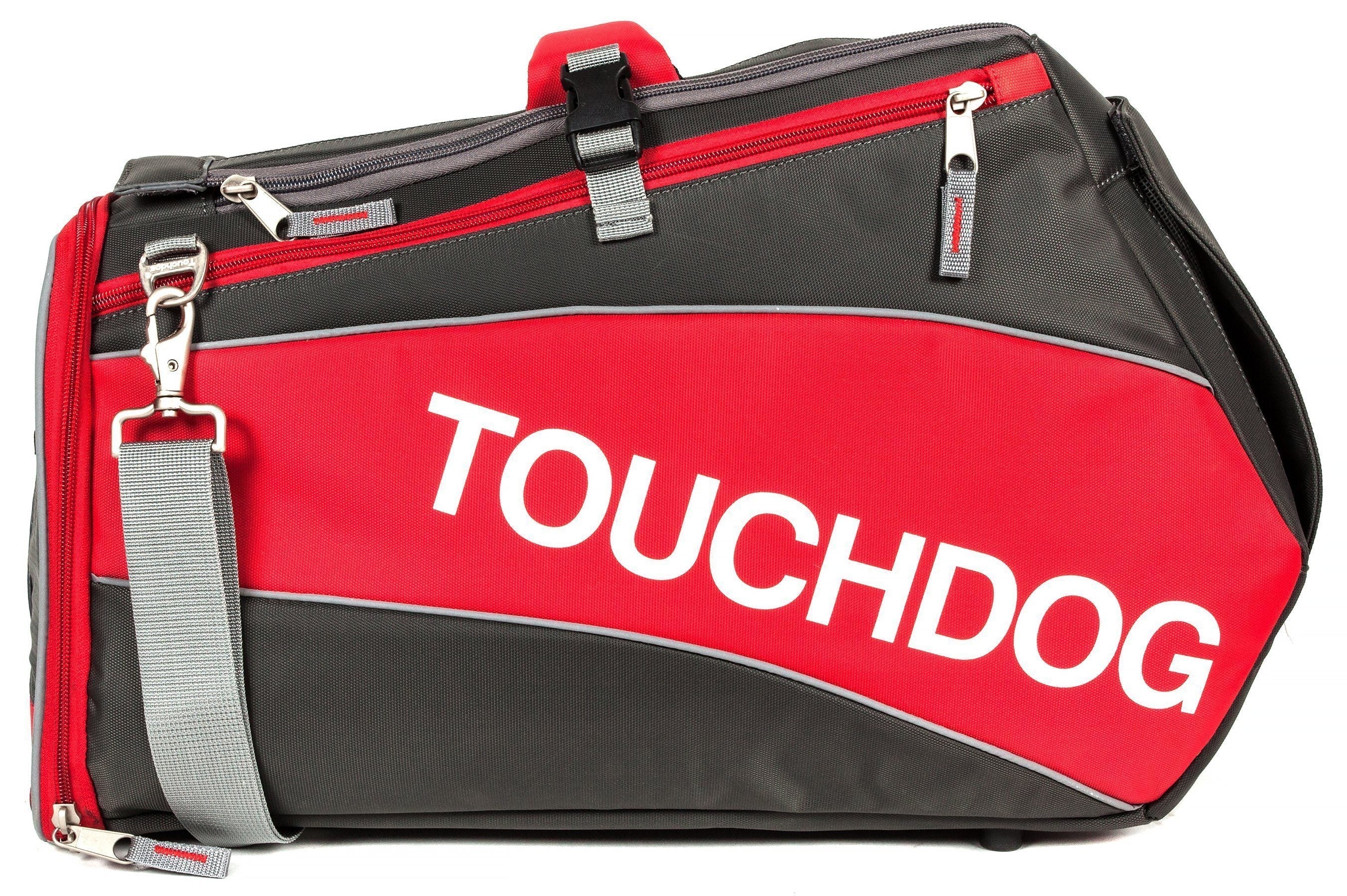 Red and black pet carrier with large 'Touchdog' logo and front zip pocket