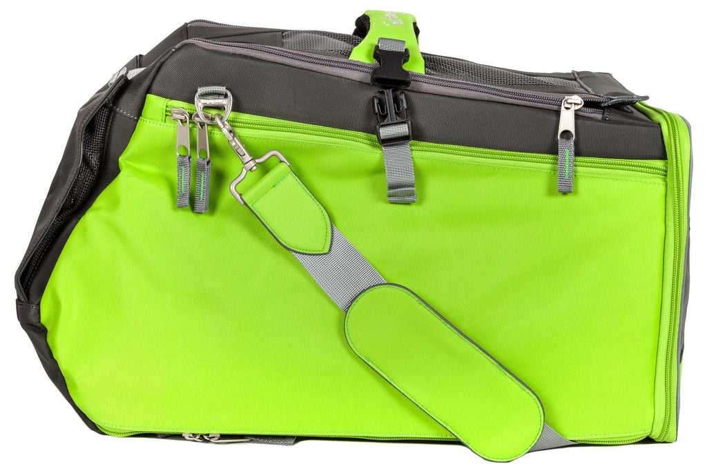 Lime yellow-green pet carrier with side zipper, gray strap, and front clip hardware