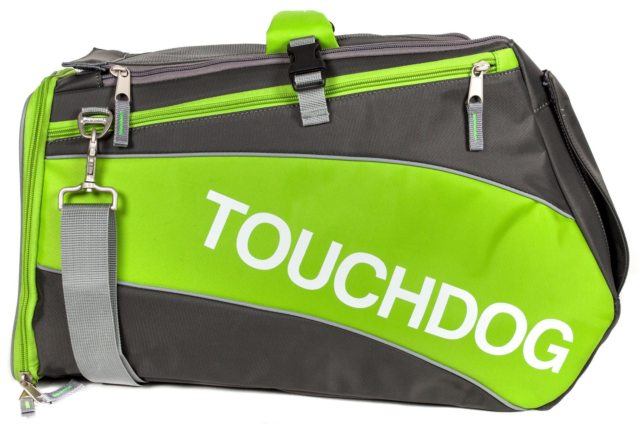 Lime green and dark gray airline pet carrier with front zipper and top handle.