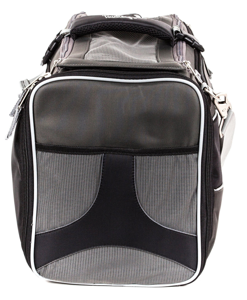 Jet black pet carrier with breathable front mesh and padded top handle