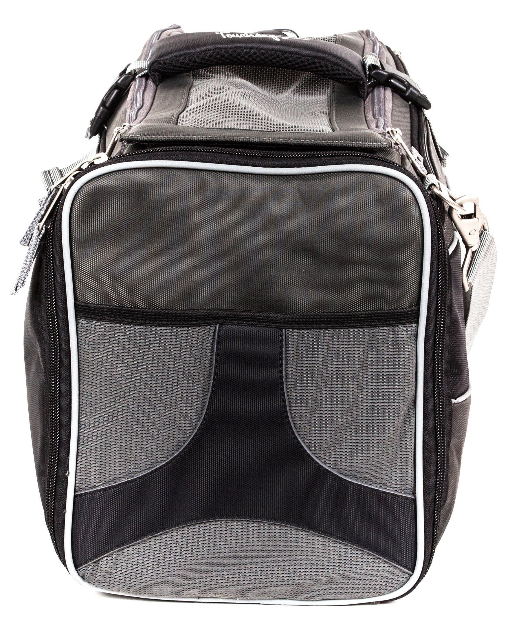 Jet black pet carrier with breathable front mesh and padded top handle