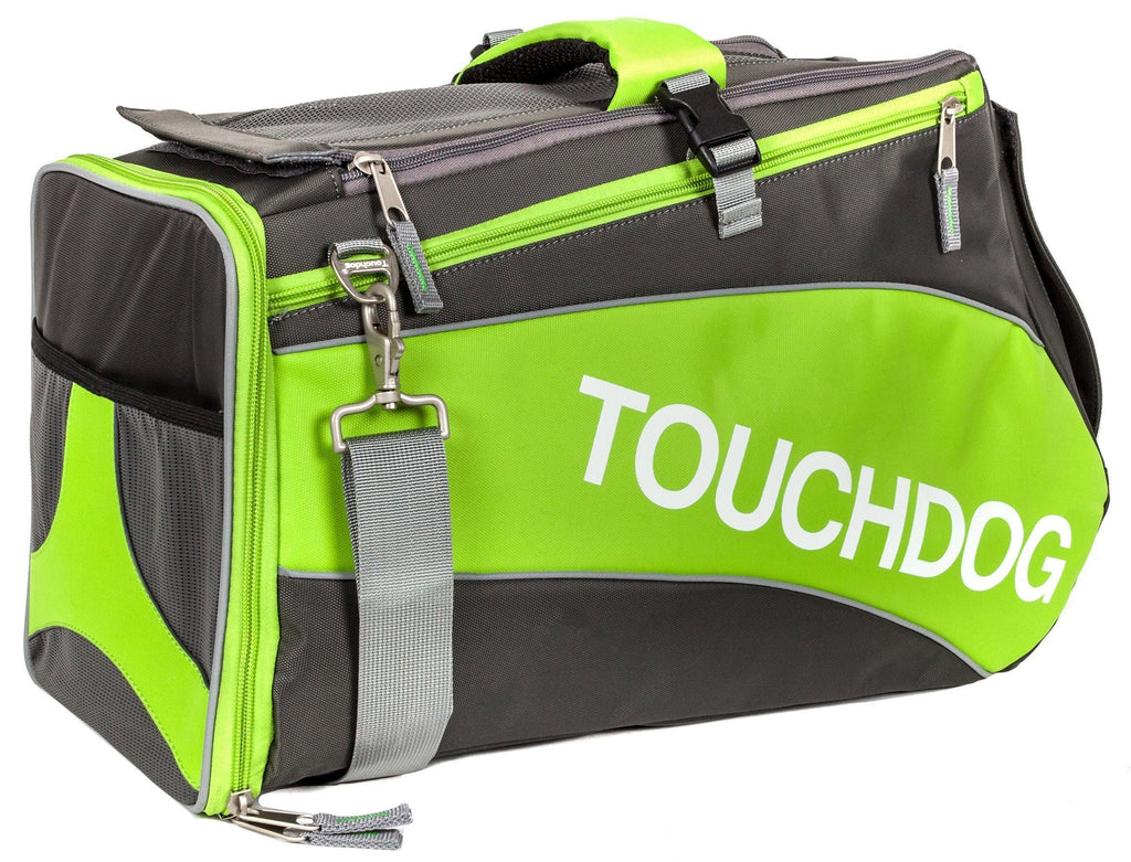 Lime green airline pet carrier with dark gray base, front zipper, and logo