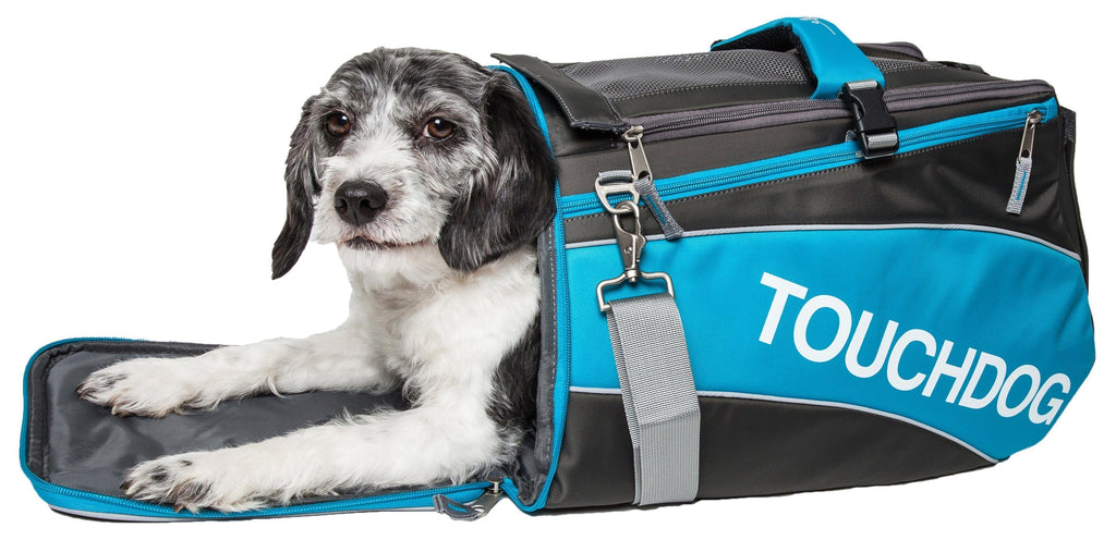 Blue and dark gray pet carrier with mesh window, padded interior, and front straps.