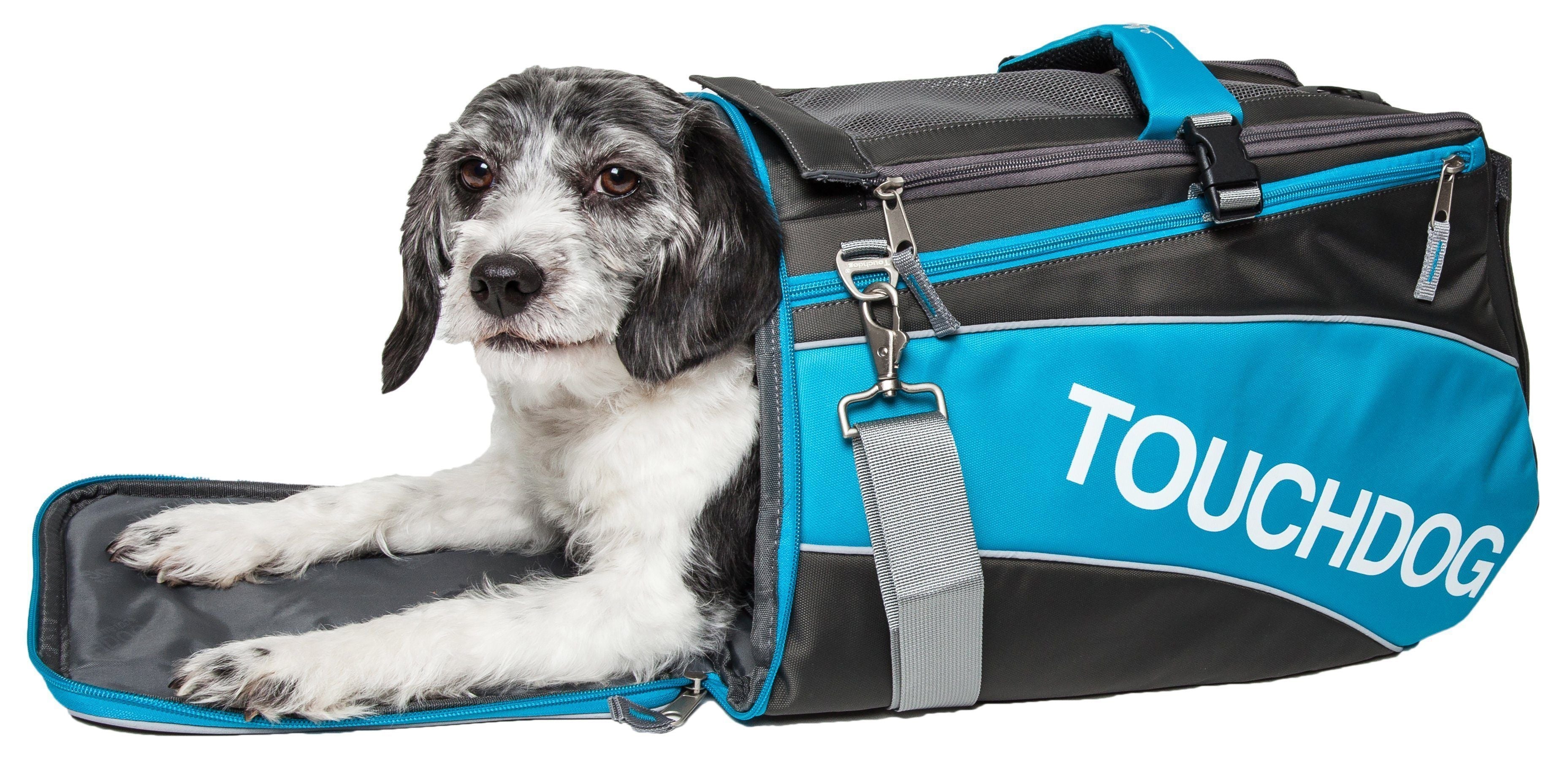 Blue and dark gray pet carrier with mesh window, padded interior, and front straps.