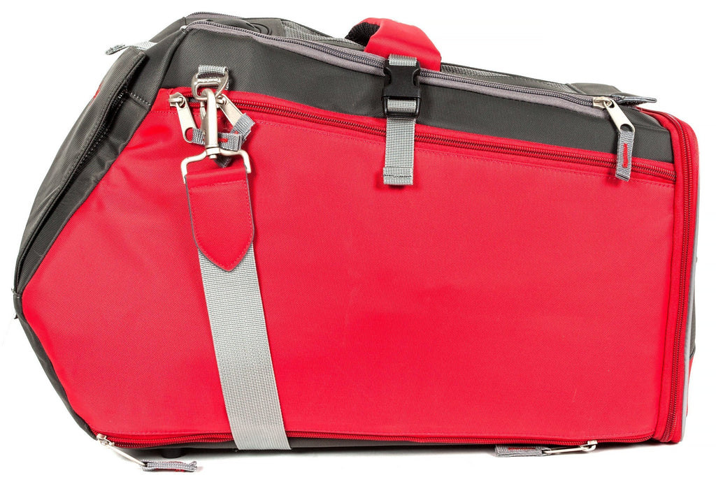 Airline-style pet carrier with red exterior, mesh top, dual zippers and shoulder strap