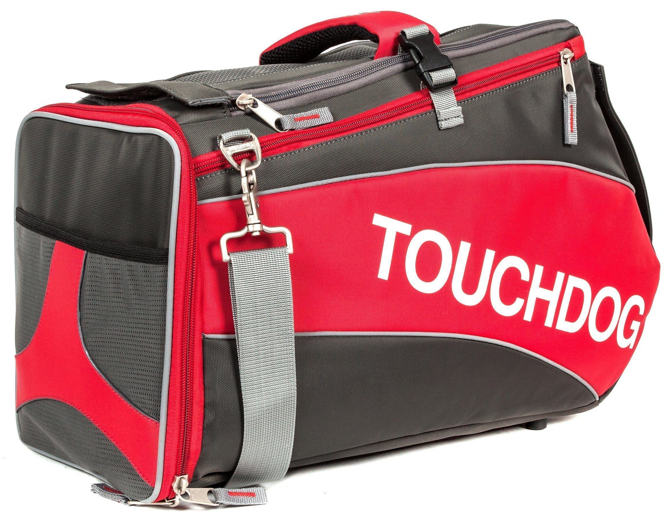 Red and dark gray airline pet carrier with top handle, side zippers, and logo