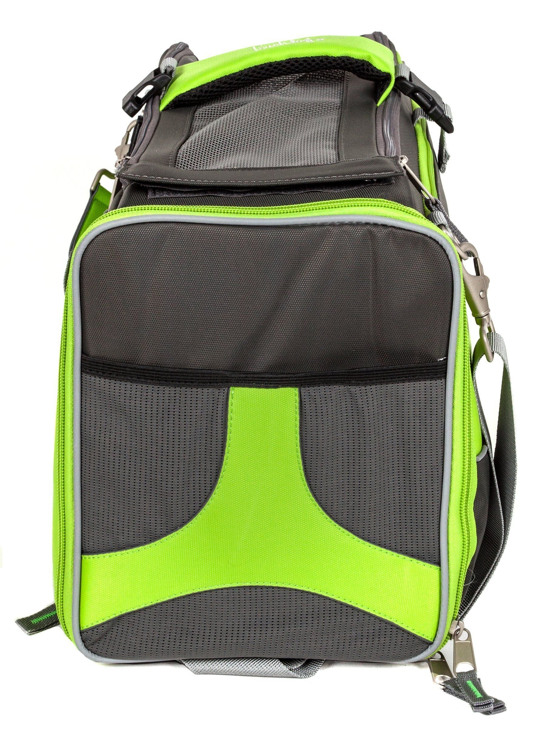 Lime yellow-green pet carrier with black mesh front panel and top closure