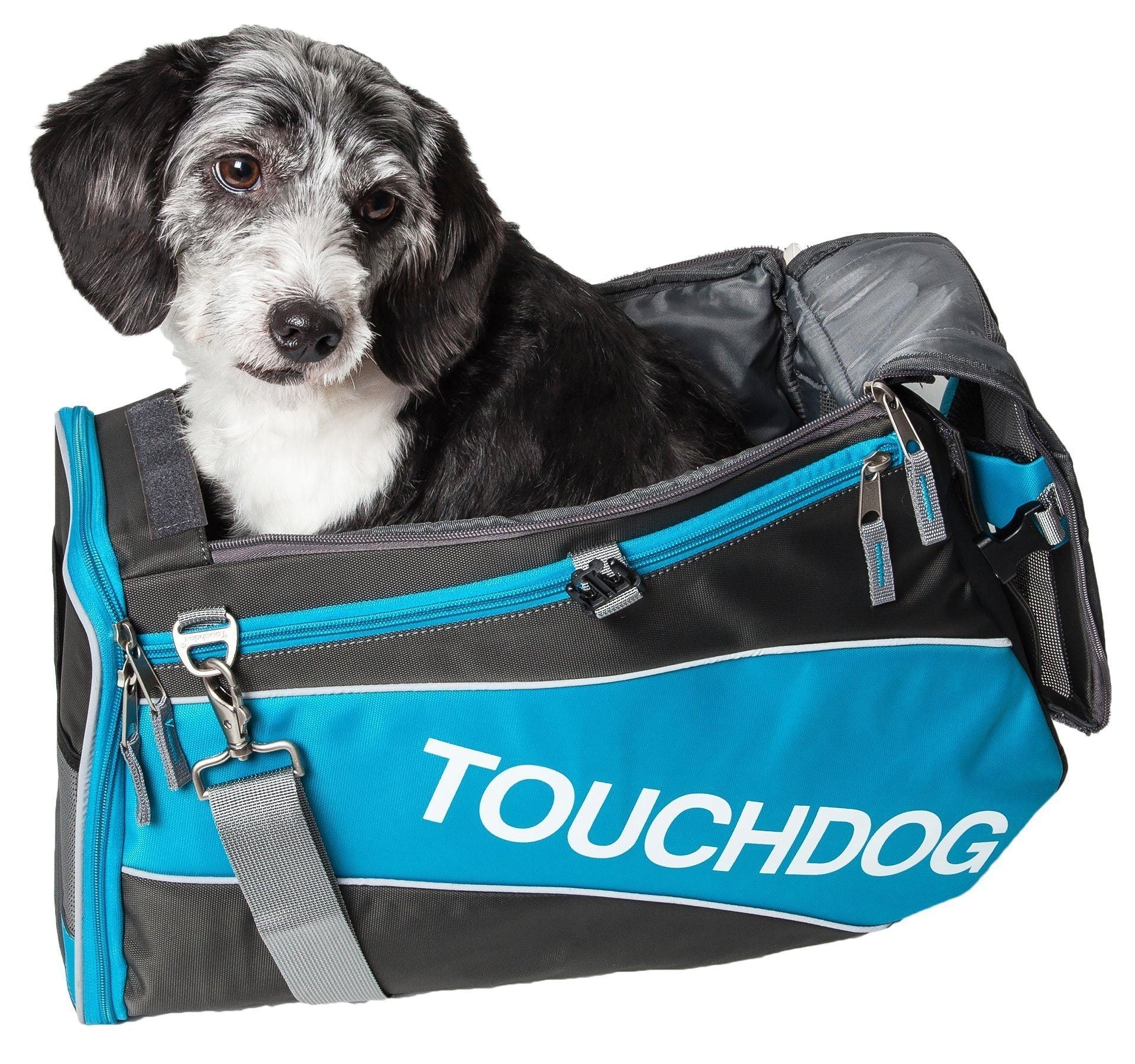 Electric blue and dark gray airline pet carrier with large front opening and zipper