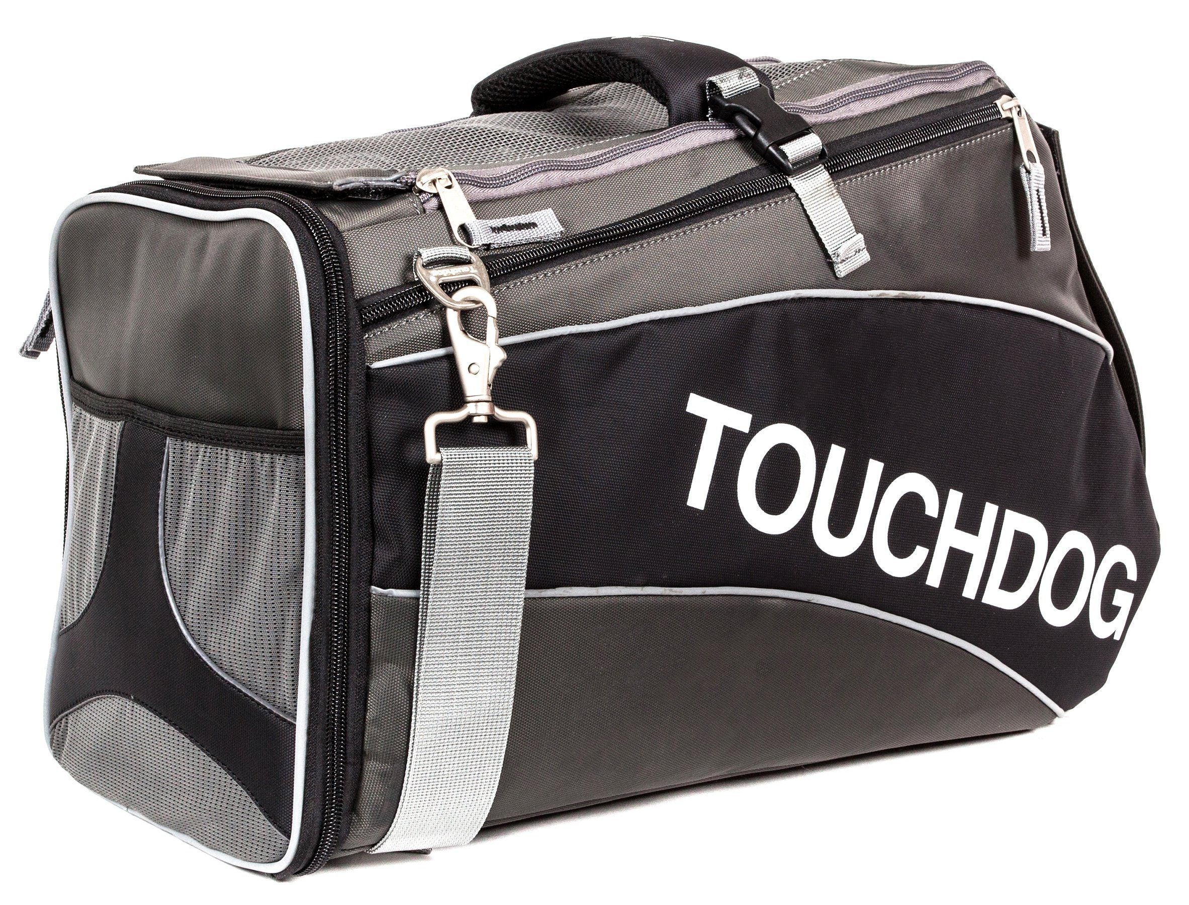 Jet black pet carrier with 'Touchdog' logo, mesh side panels, and adjustable strap