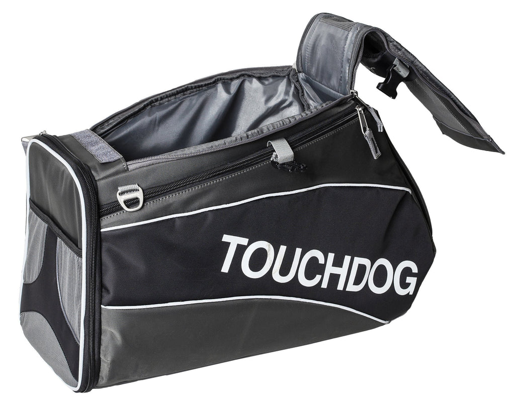 Black soft-sided pet carrier with side mesh panel, top handle, and shoulder strap.