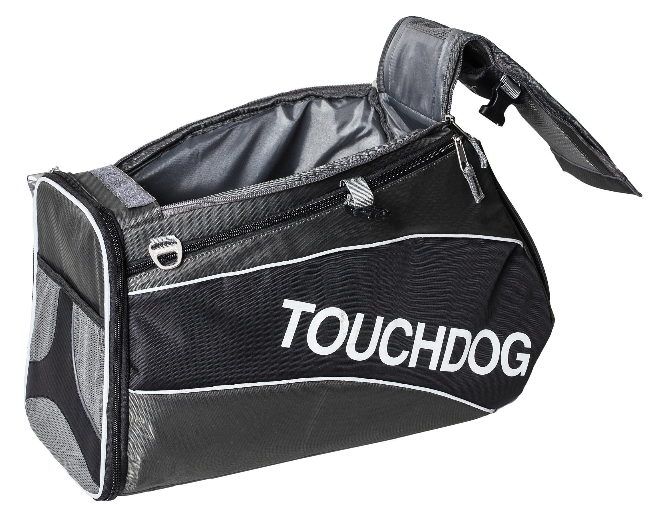 Black soft-sided pet carrier with side mesh panel, top handle, and shoulder strap.