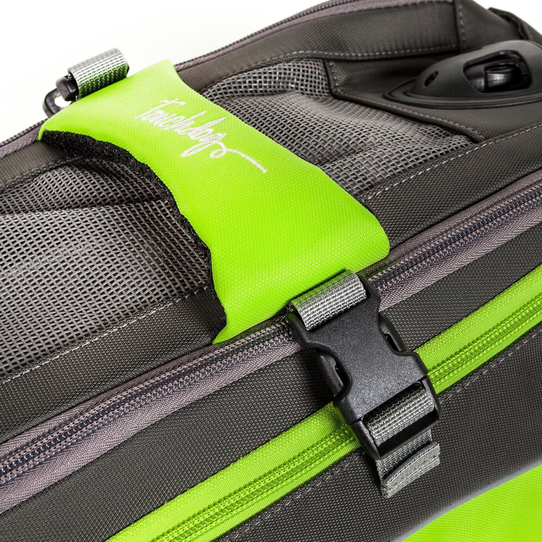 Water-resistant pet carrier, lime green panel and mesh ventilation, zip front