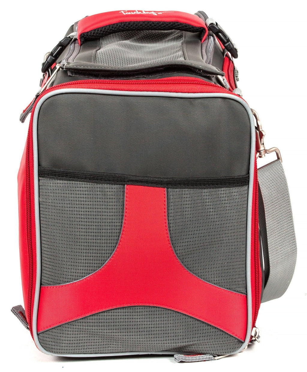 Red pet carrier with padded interior mesh panels and rounded corner design