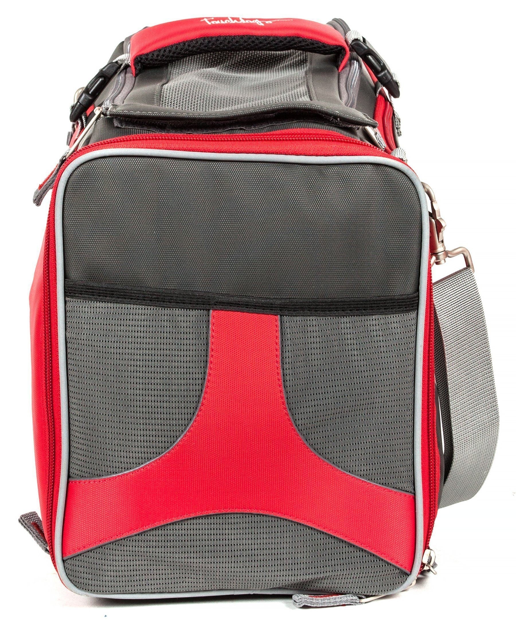 Red pet carrier with padded interior mesh panels and rounded corner design