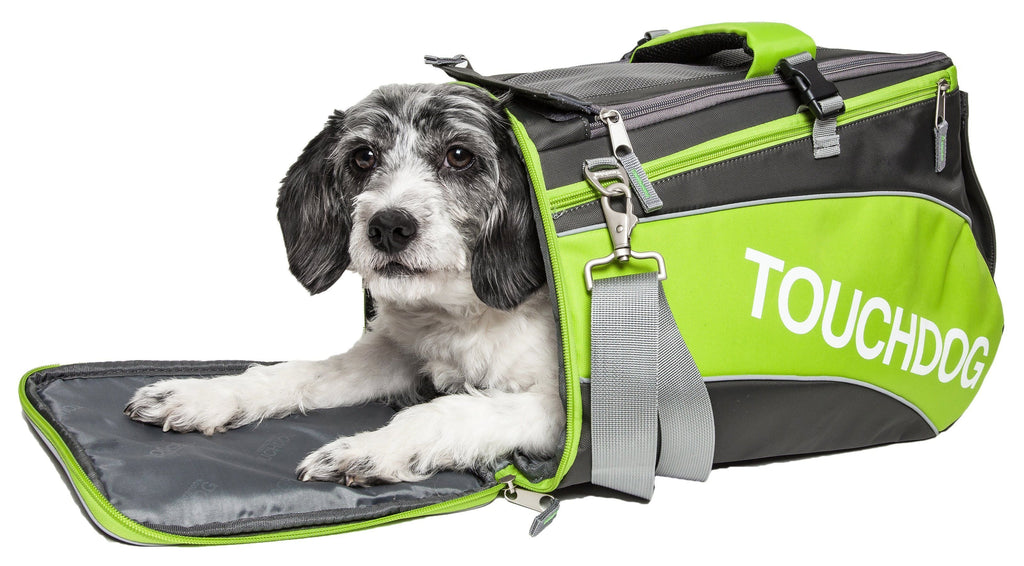 Lime green and dark gray pet carrier with open top, adjustable shoulder strap.
