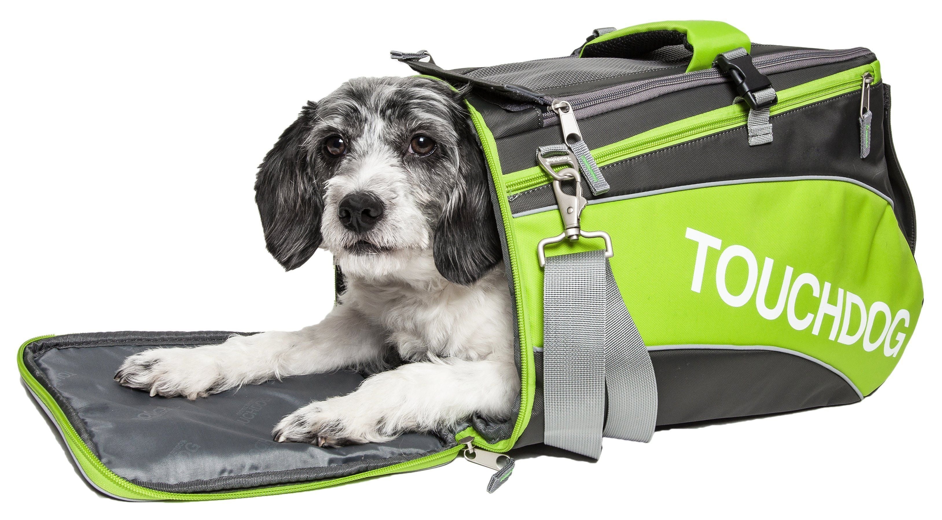 Lime green and dark gray pet carrier with open top, adjustable shoulder strap.