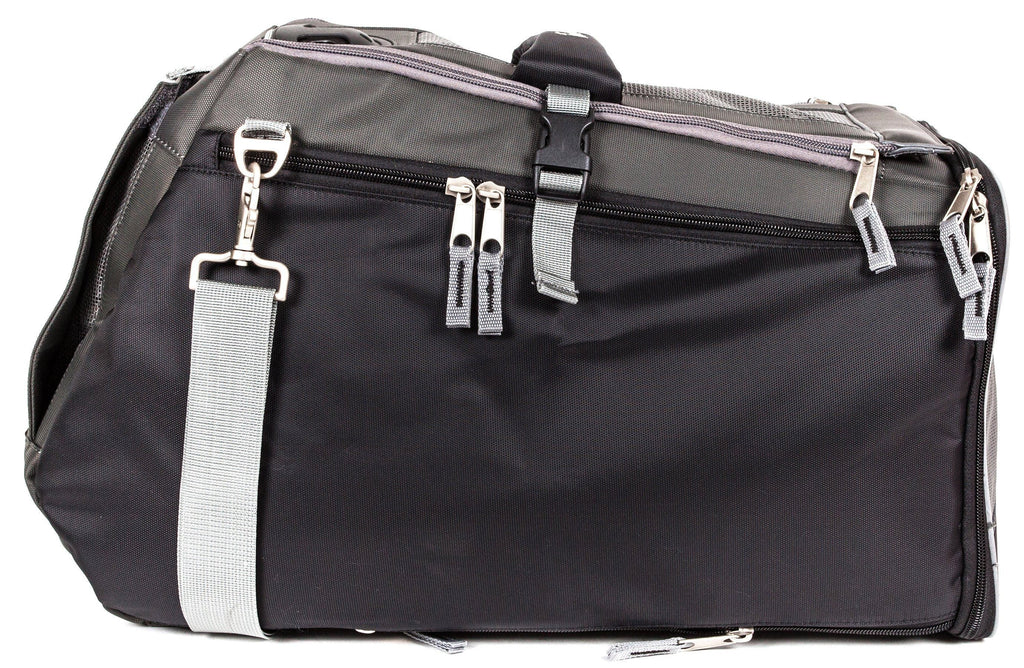 Jet black water-resistant pet carrier with zip front, top handle, and gray strap accents