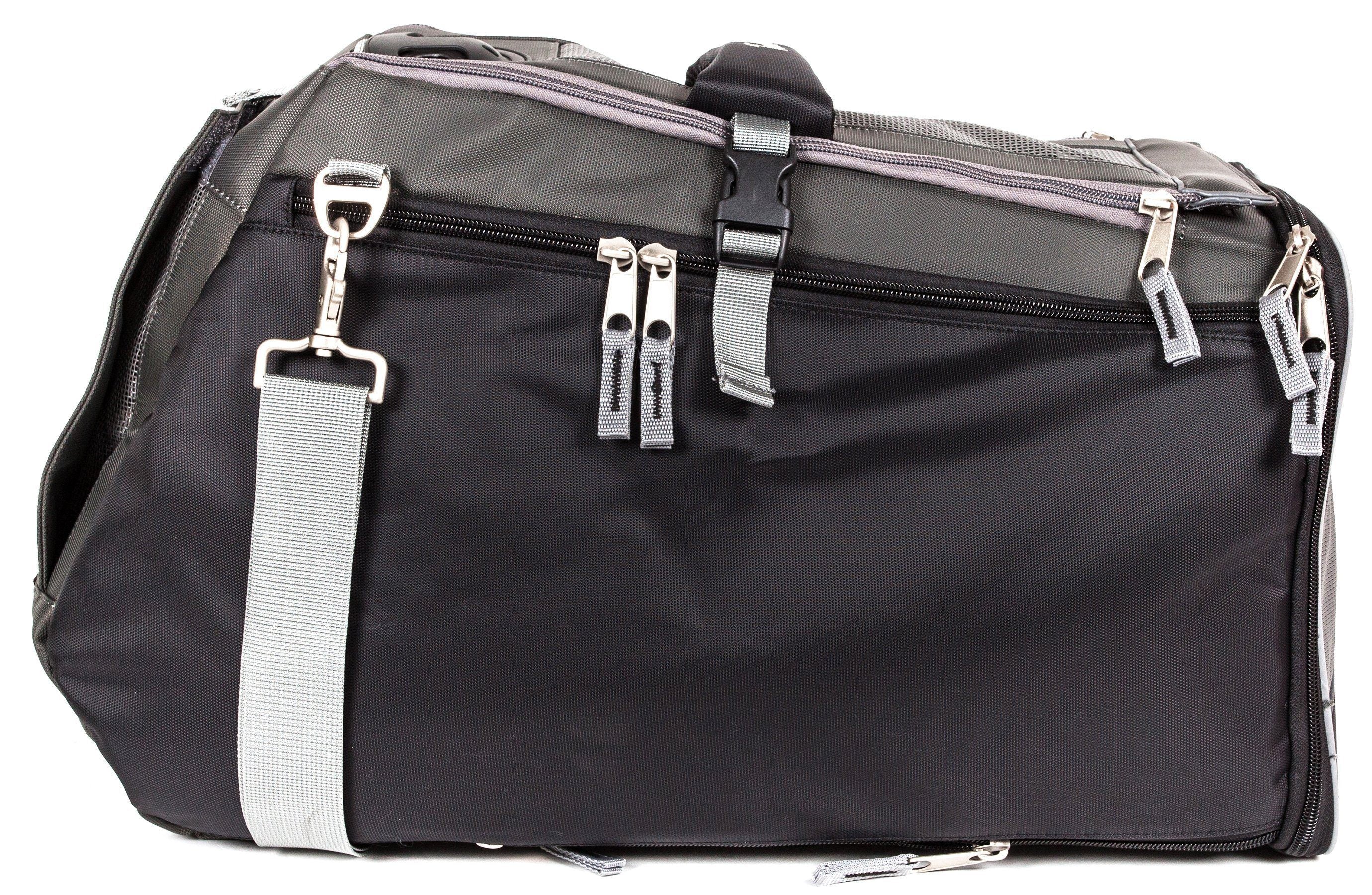 Jet black water-resistant pet carrier with zip front, top handle, and gray strap accents