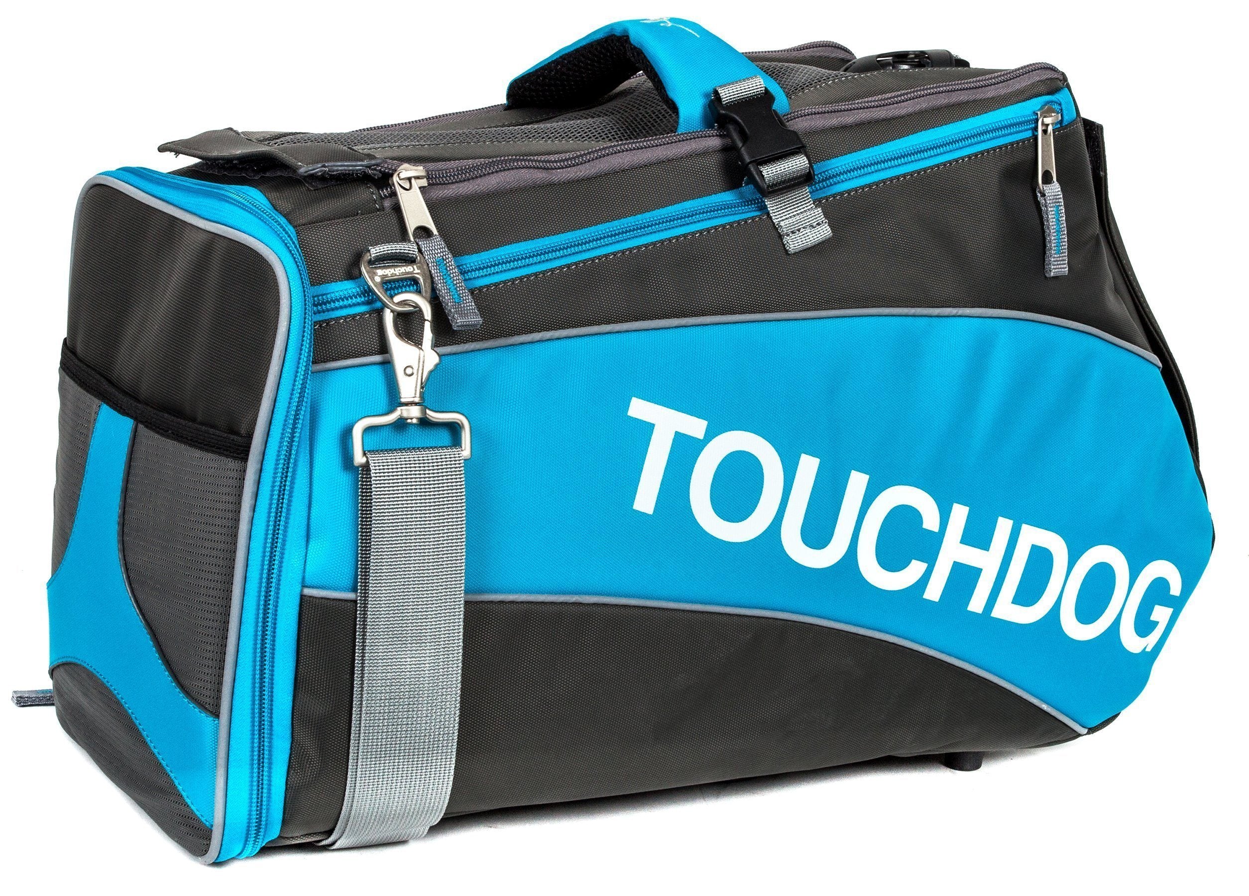 Electric blue and dark gray airline pet carrier with front zipper and top handle