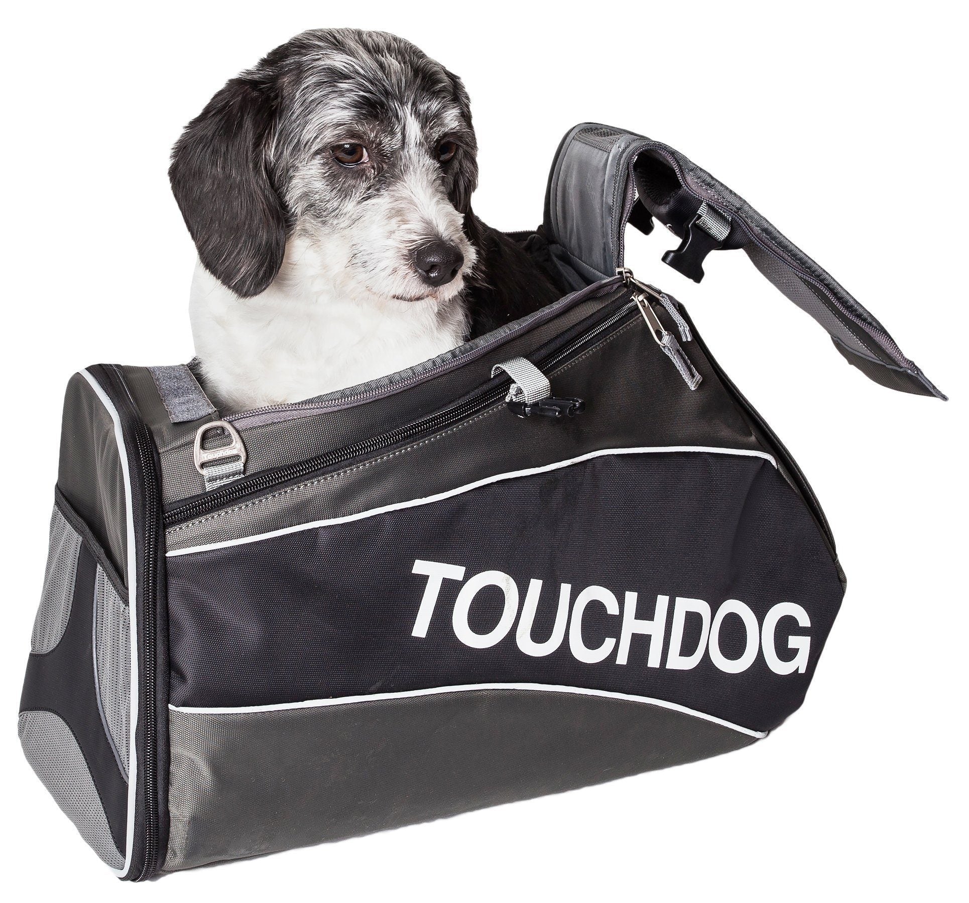 Dark gray airline pet carrier with side handle and front zipper