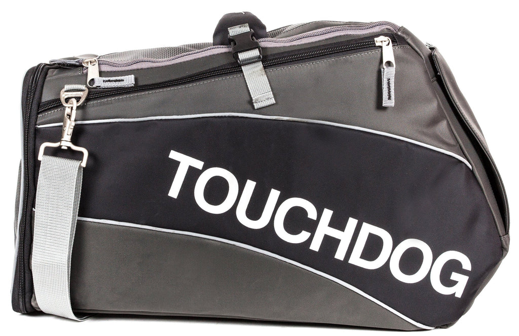 Black airline pet carrier with white logo stripe and front zipper