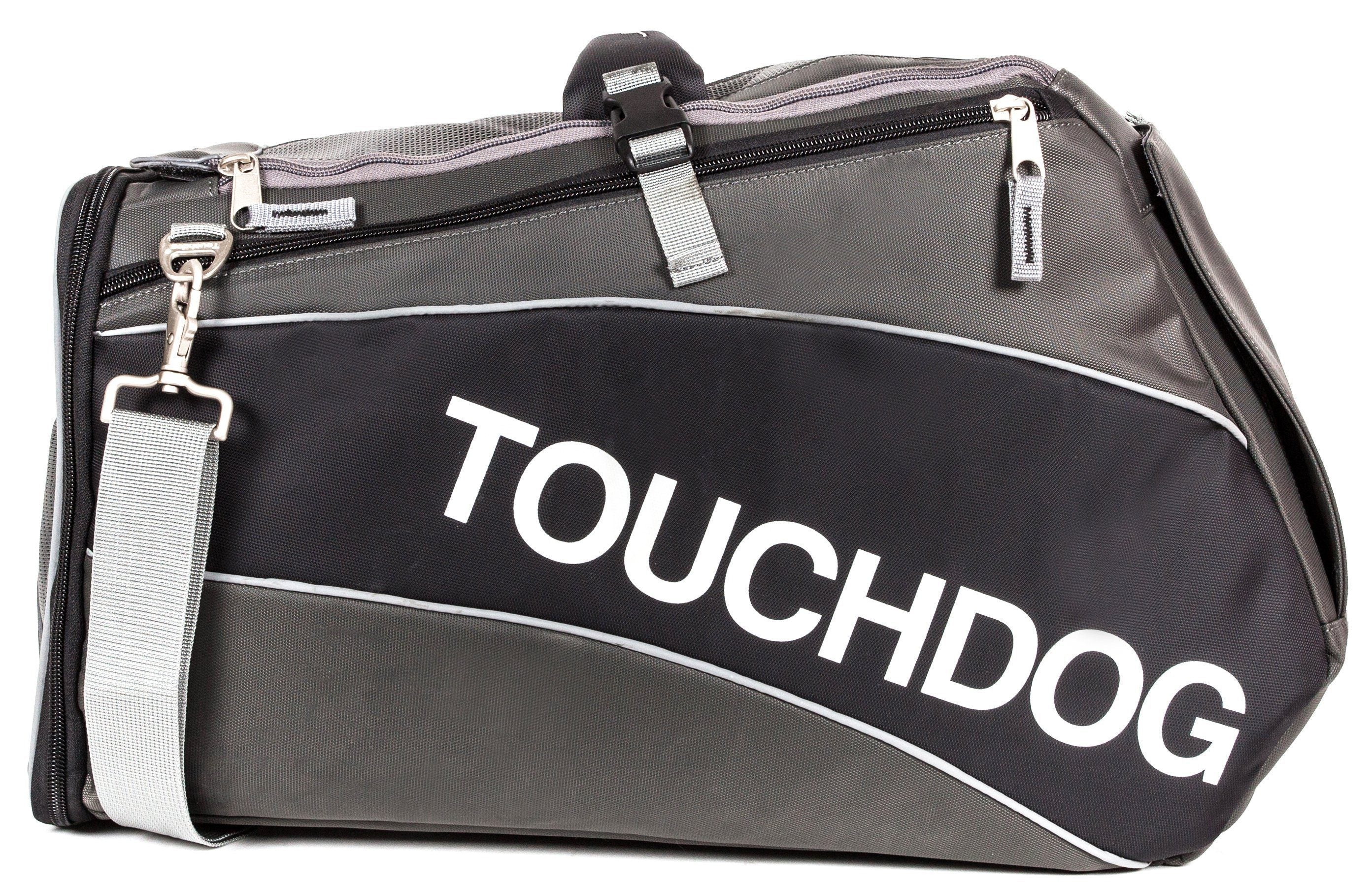 Black airline pet carrier with white logo stripe and front zipper