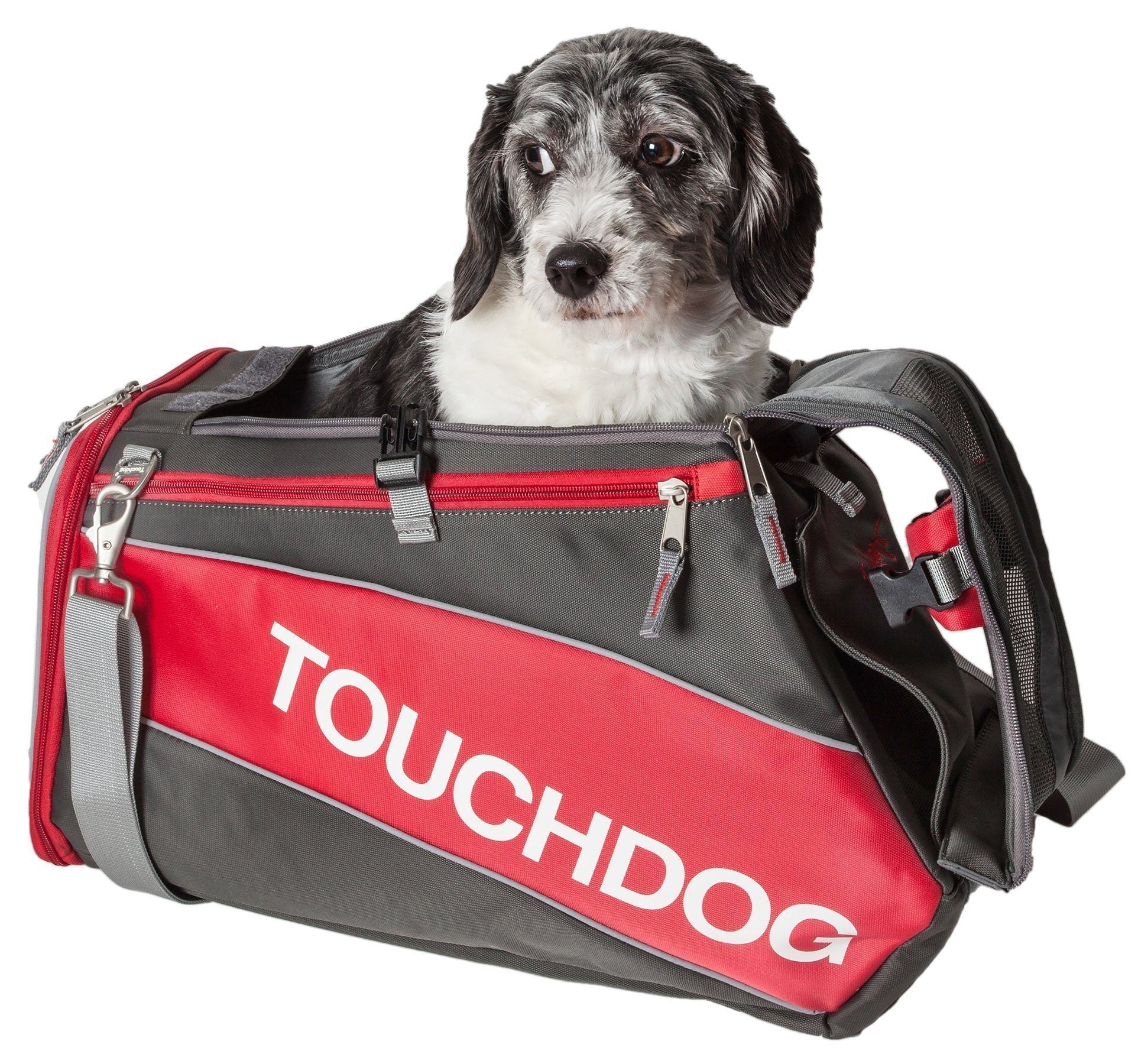 Red and dark gray airline pet carrier with front zipper and gray mesh panel