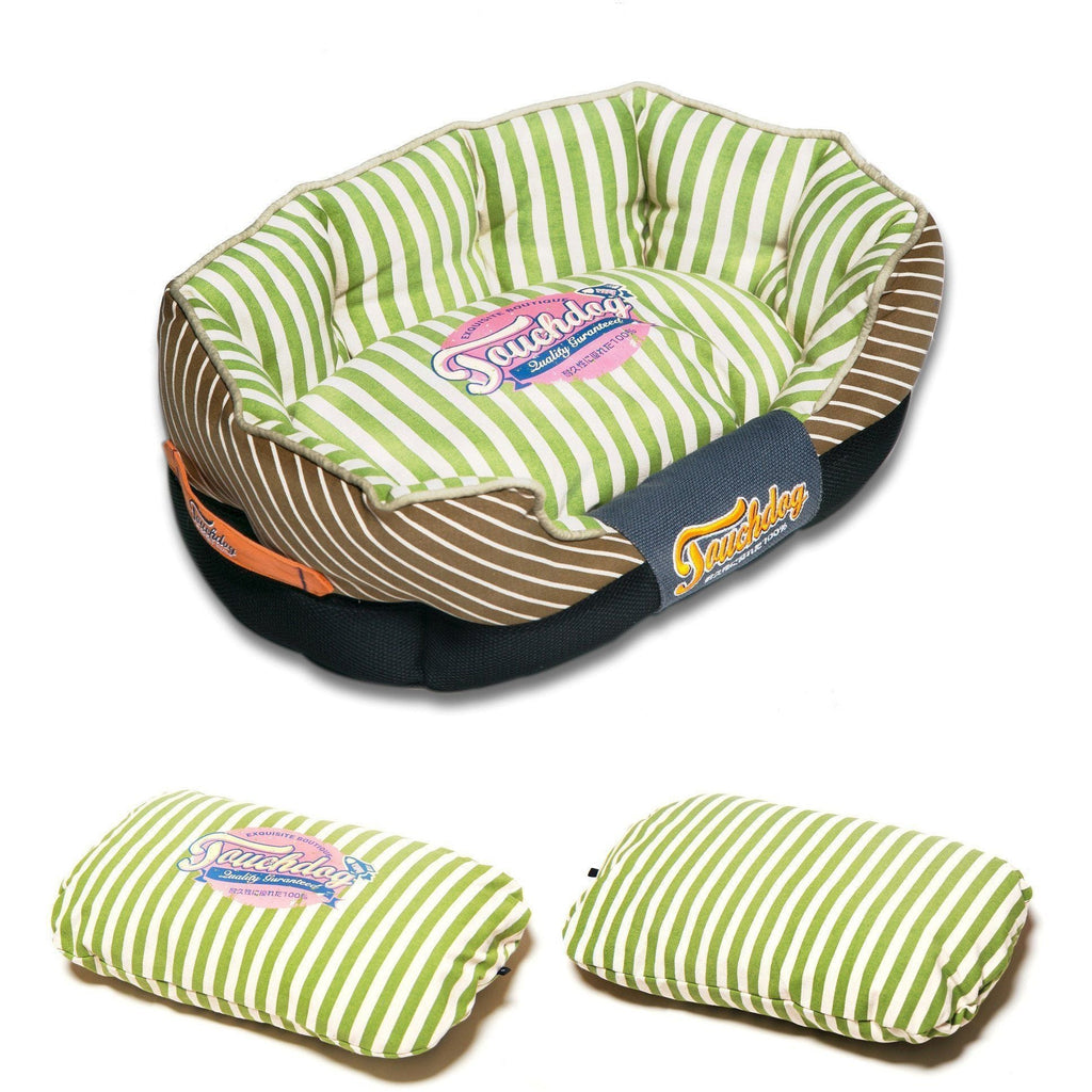 Apple-green striped dog bed with brown striped sides and dark navy exterior trim