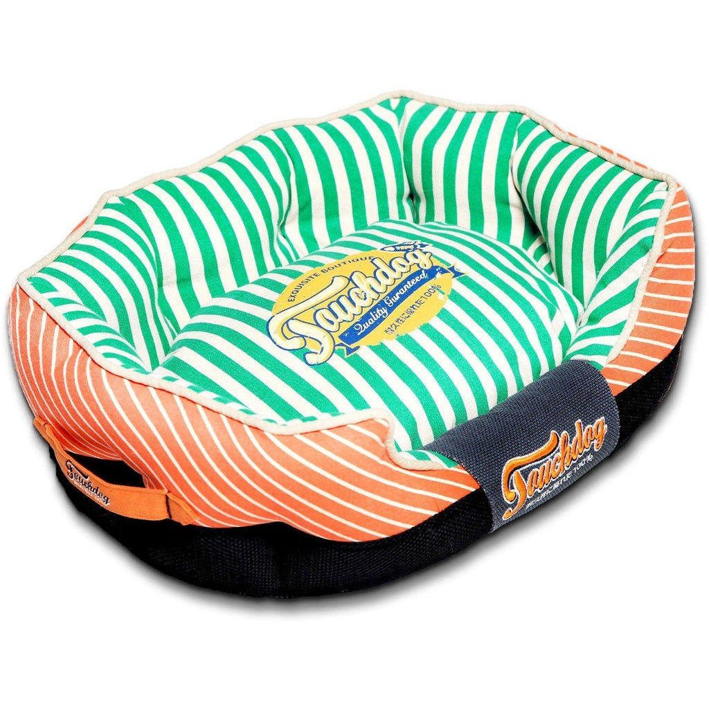 Rectangular dog bed with spearmint green striped top, orange striped base, navy trim