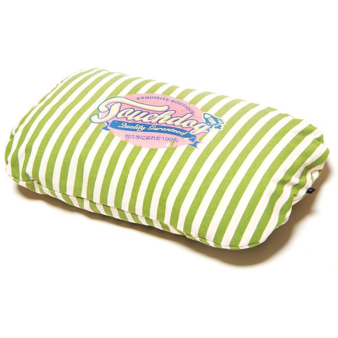 Green striped dog bed cushion with rounded rectangular shape and stitched edges