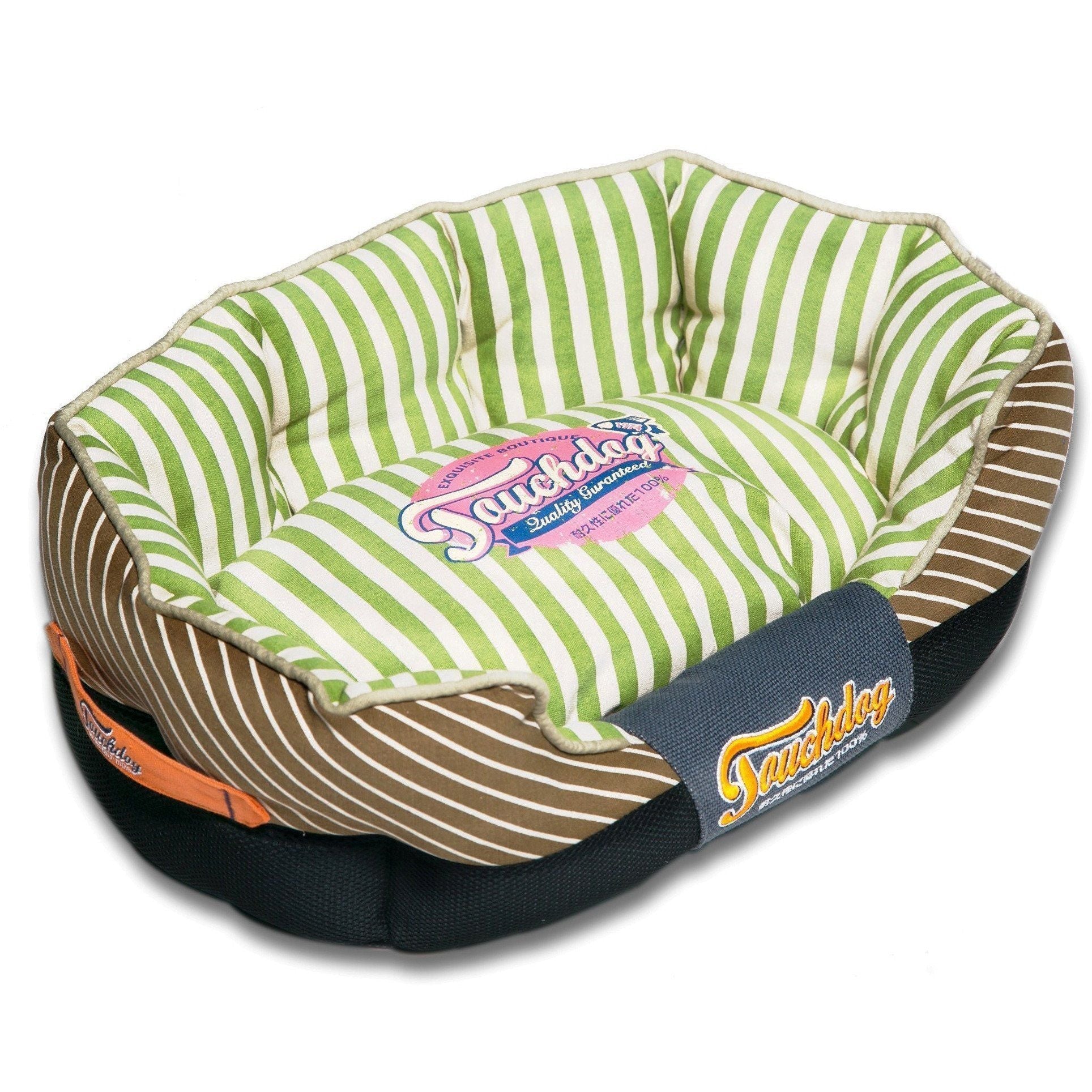 Rectangular dog bed with rounded corners, apple-green striped inside, brown striped base