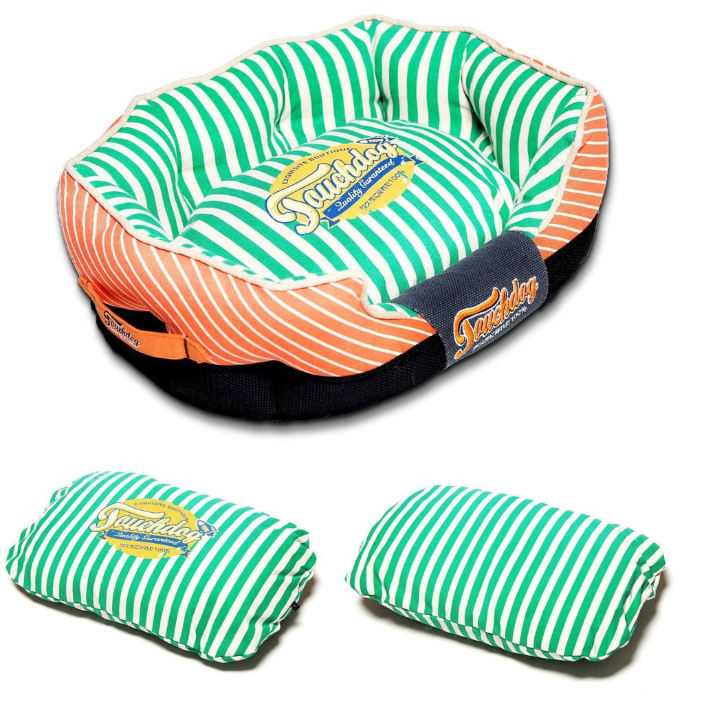 Rectangular dog bed with rounded corners, spearmint green striped top, orange striped base