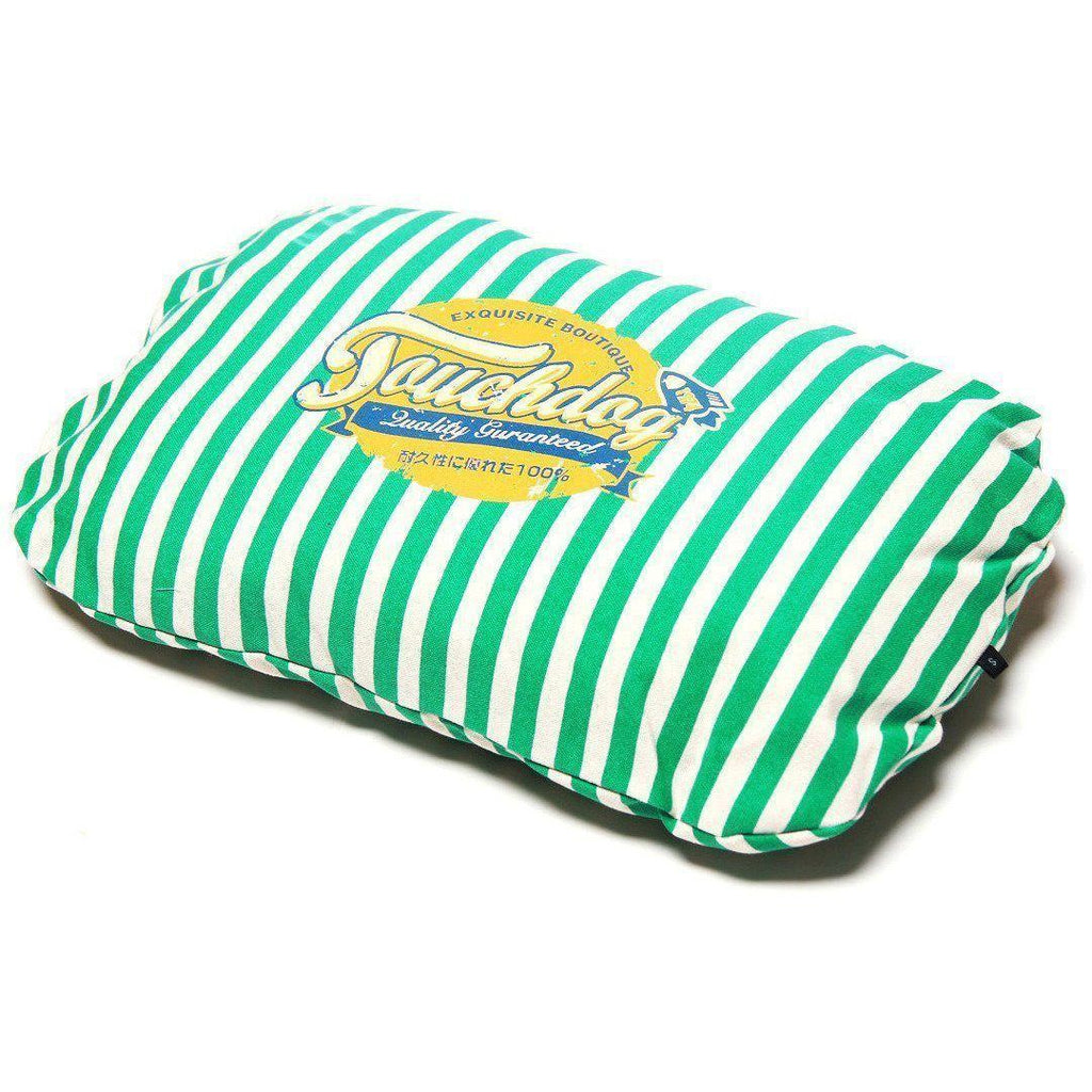 Spearmint green striped dog bed cushion, rounded rectangular shape with logo patch
