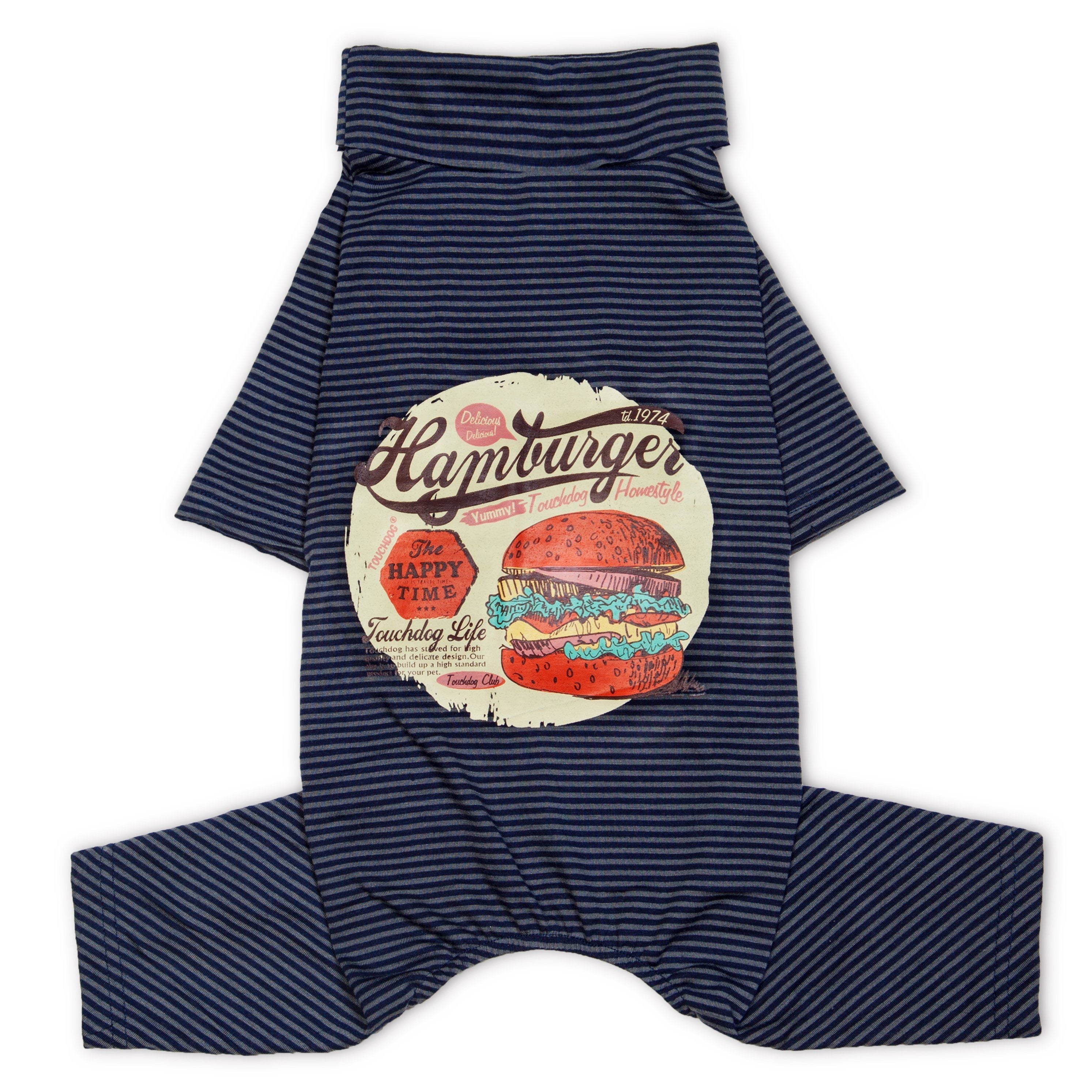 Lightweight dog onesie pajama in navy with thin light stripes and front burger graphic